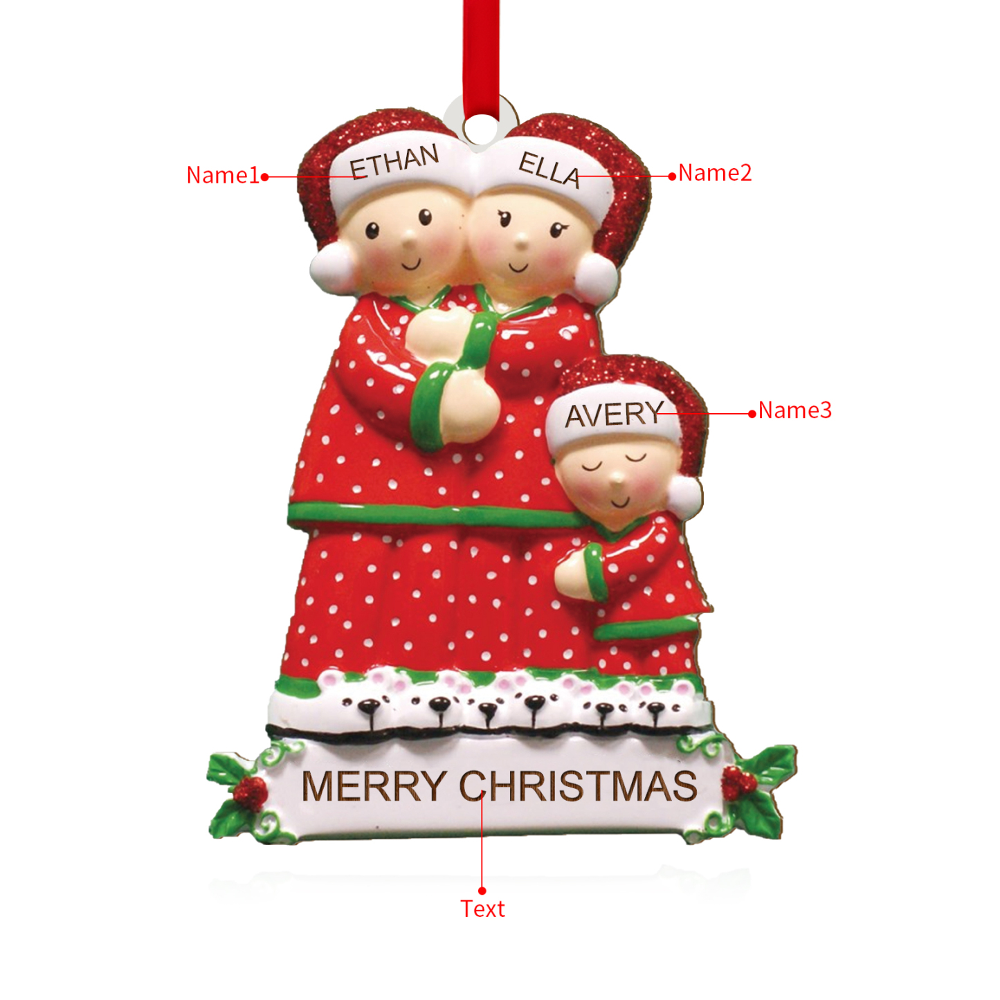 Décoration Sapin Noël en Bois 3 Prénoms Personnalisés avec Texte Ornement pour Famille | Jessemade