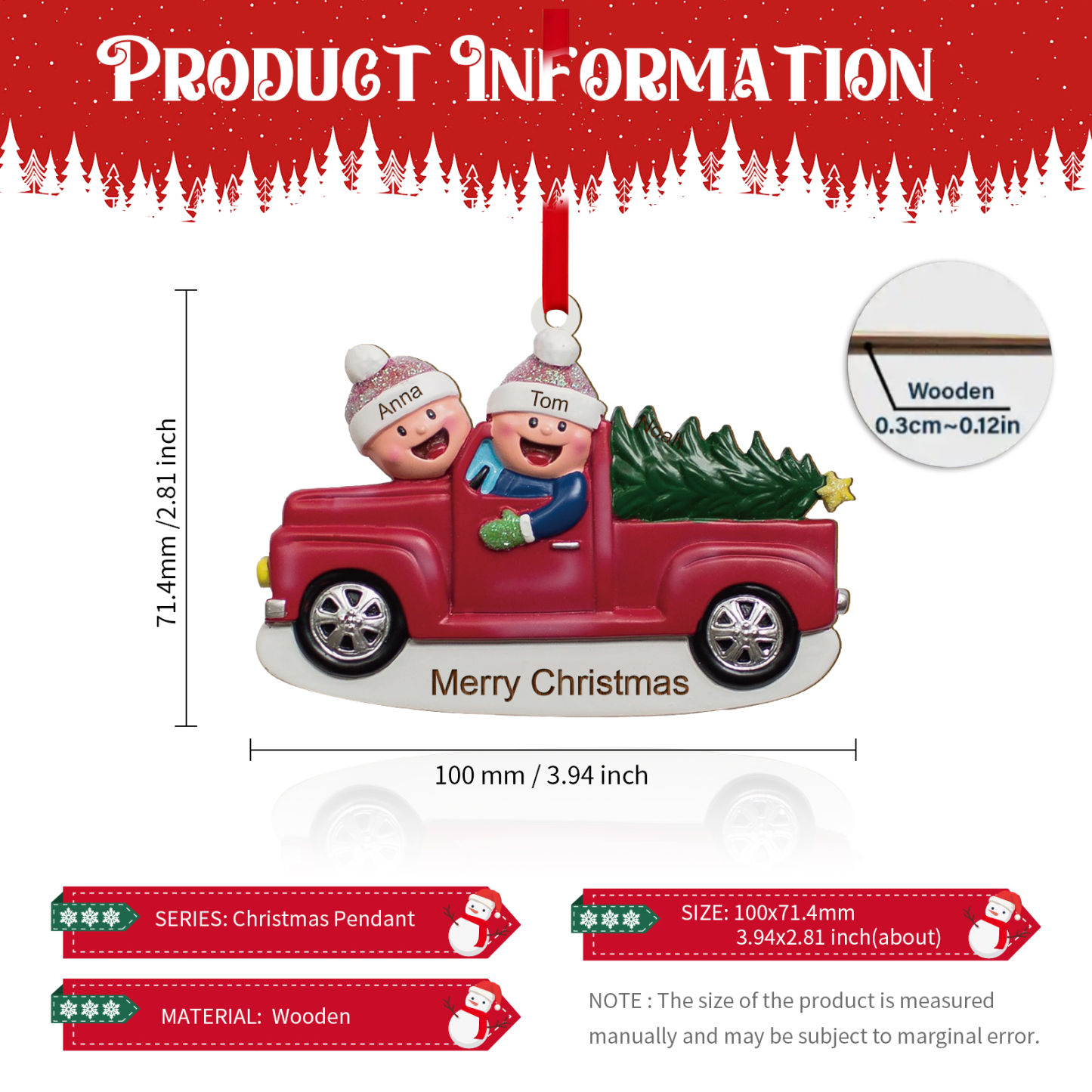 Décoration Sapin Noël en Bois Voiture rouge 2 Prénoms Personnalisés avec Texte Ornement pour Famille | Jessemade