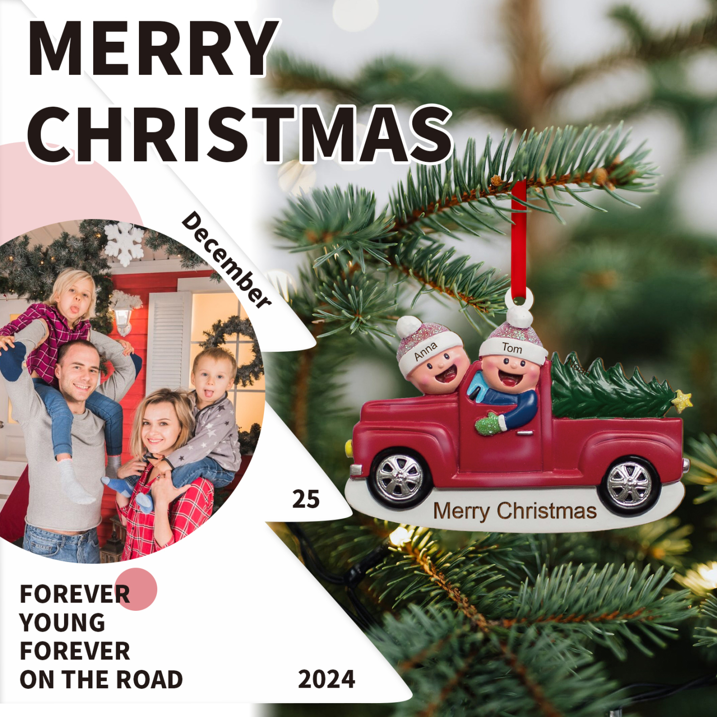 Décoration Sapin Noël en Bois Voiture rouge 2 Prénoms Personnalisés avec Texte Ornement pour Famille | Jessemade