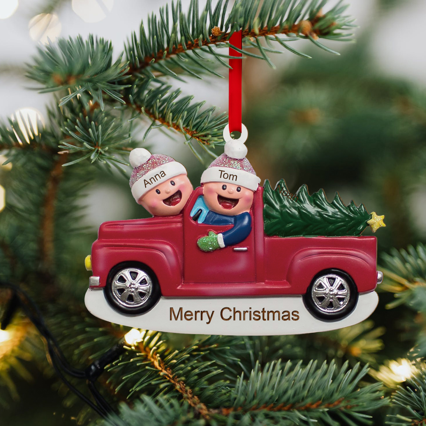 Décoration Sapin Noël en Bois Voiture rouge 2 Prénoms Personnalisés avec Texte Ornement pour Famille | Jessemade