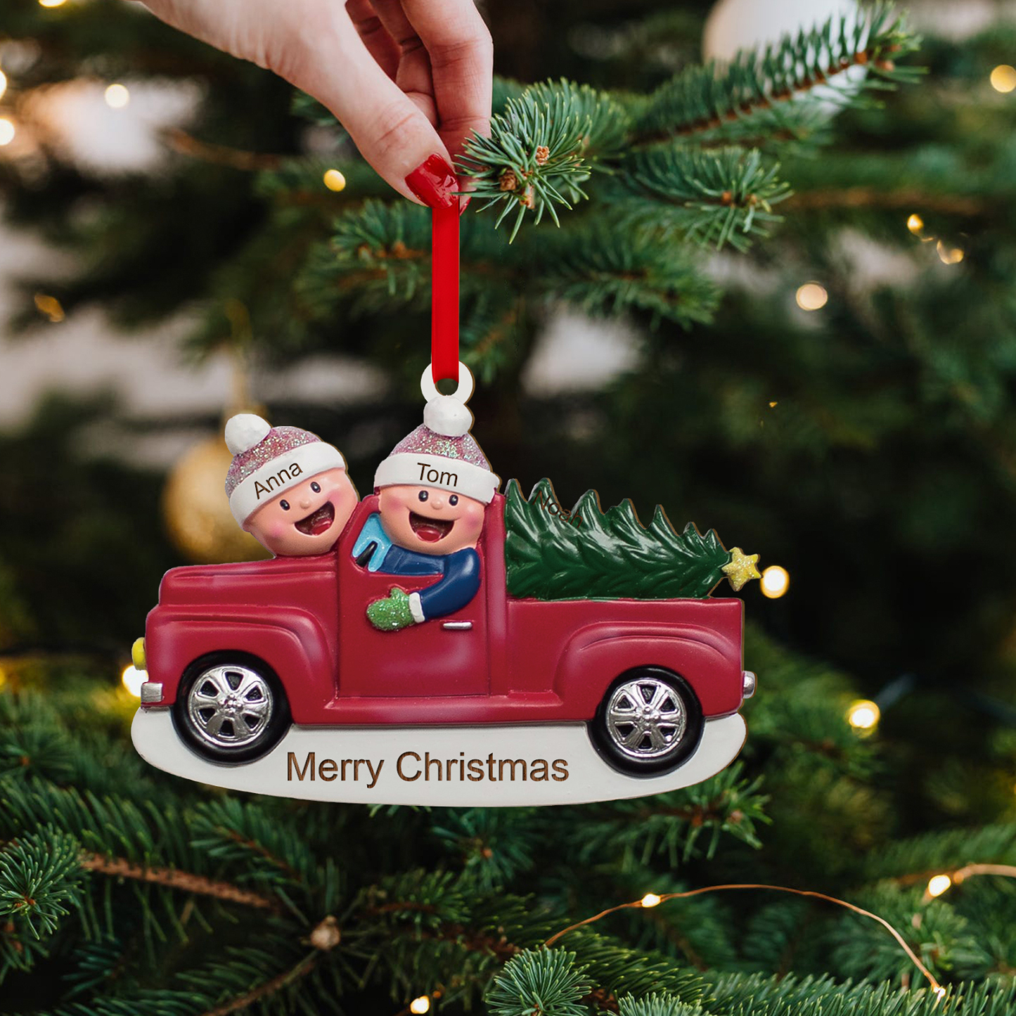 Décoration Sapin Noël en Bois Voiture rouge 2 Prénoms Personnalisés avec Texte Ornement pour Famille | Jessemade