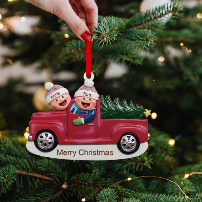 Décoration Sapin Noël en Bois Voiture rouge 2 Prénoms Personnalisés avec Texte Ornement pour Famille | Jessemade