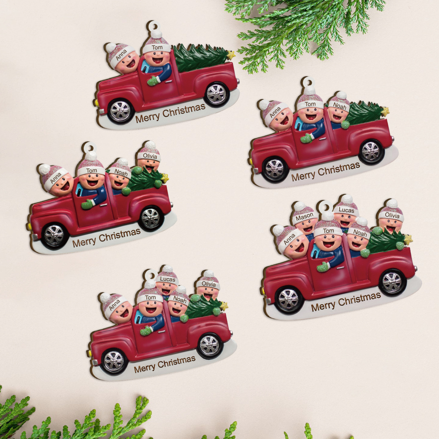 Décoration Sapin Noël en Bois Voiture rouge 2 Prénoms Personnalisés avec Texte Ornement pour Famille | Jessemade