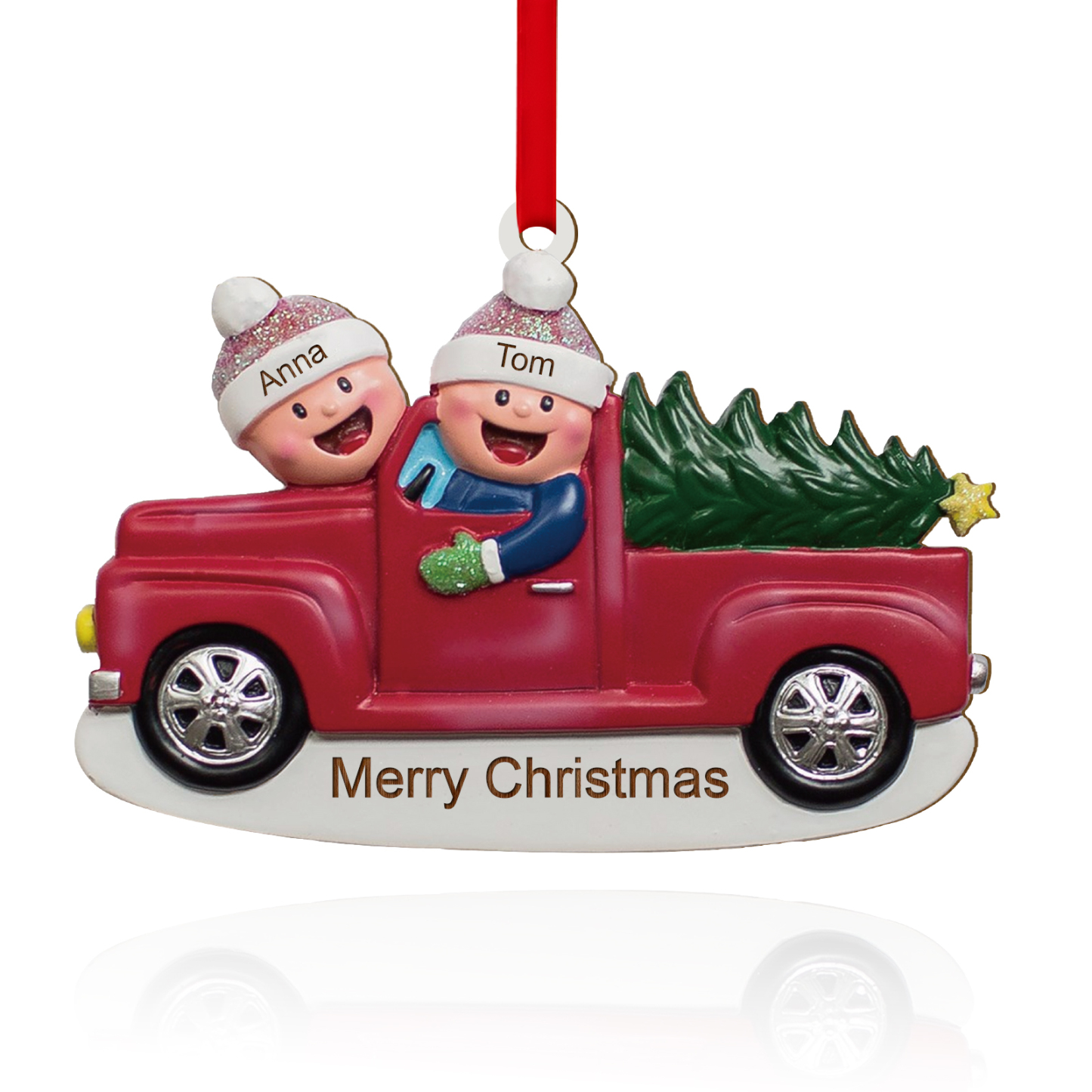 Décoration Sapin Noël en Bois Voiture rouge 2 Prénoms Personnalisés avec Texte Ornement pour Famille | Jessemade