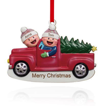 Décoration Sapin Noël en Bois Voiture rouge 2 Prénoms Personnalisés avec Texte Ornement pour Famille | Jessemade