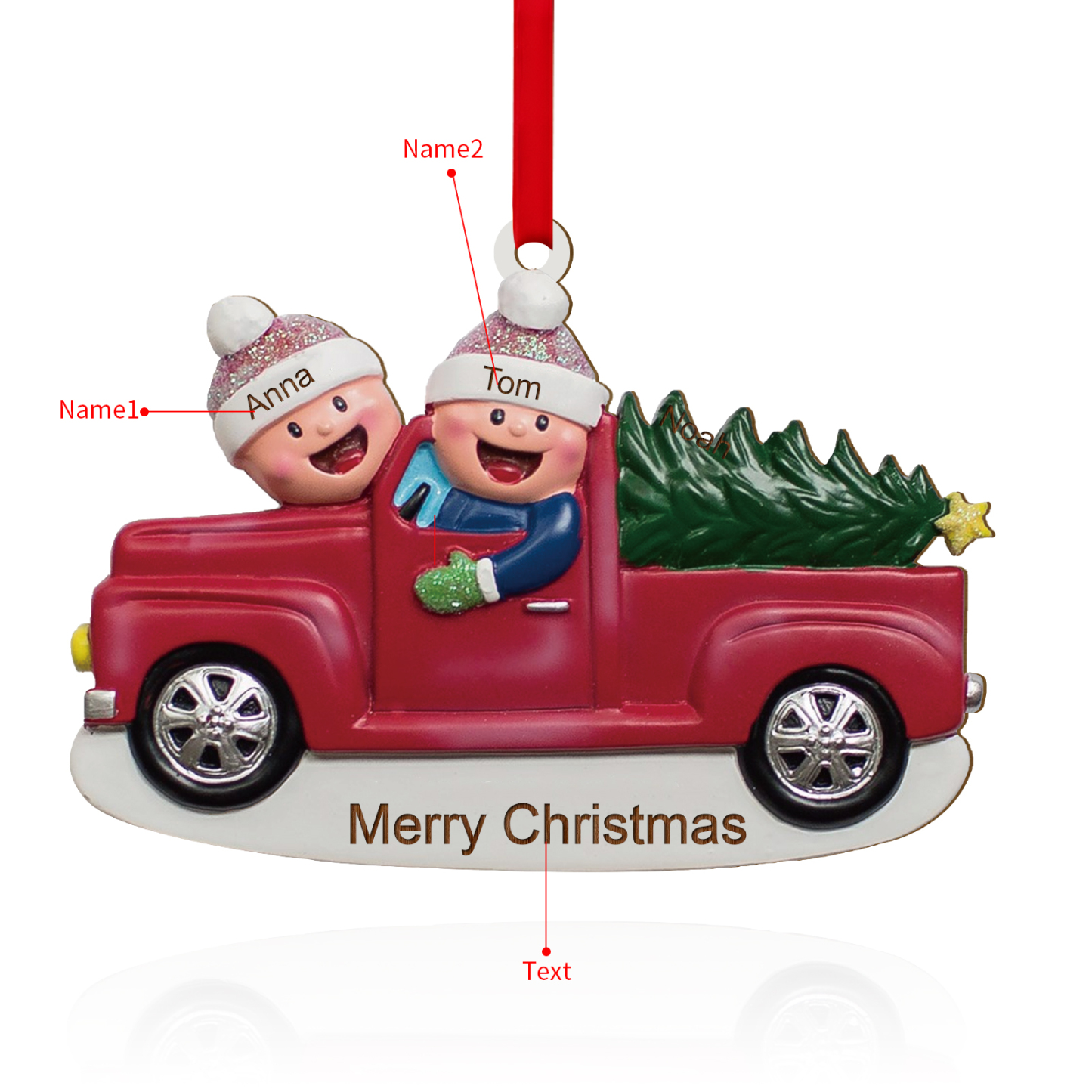 Décoration Sapin Noël en Bois Voiture rouge 2 Prénoms Personnalisés avec Texte Ornement pour Famille | Jessemade