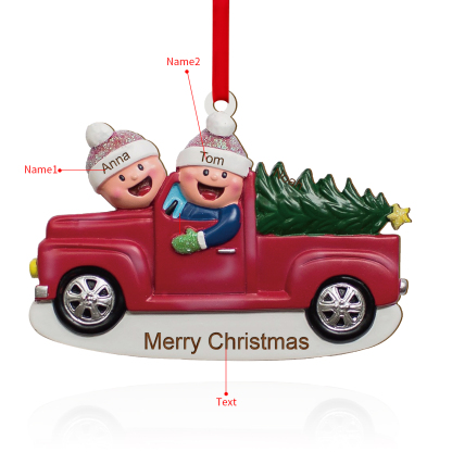 Décoration Sapin Noël en Bois Voiture rouge 2 Prénoms Personnalisés avec Texte Ornement pour Famille | Jessemade