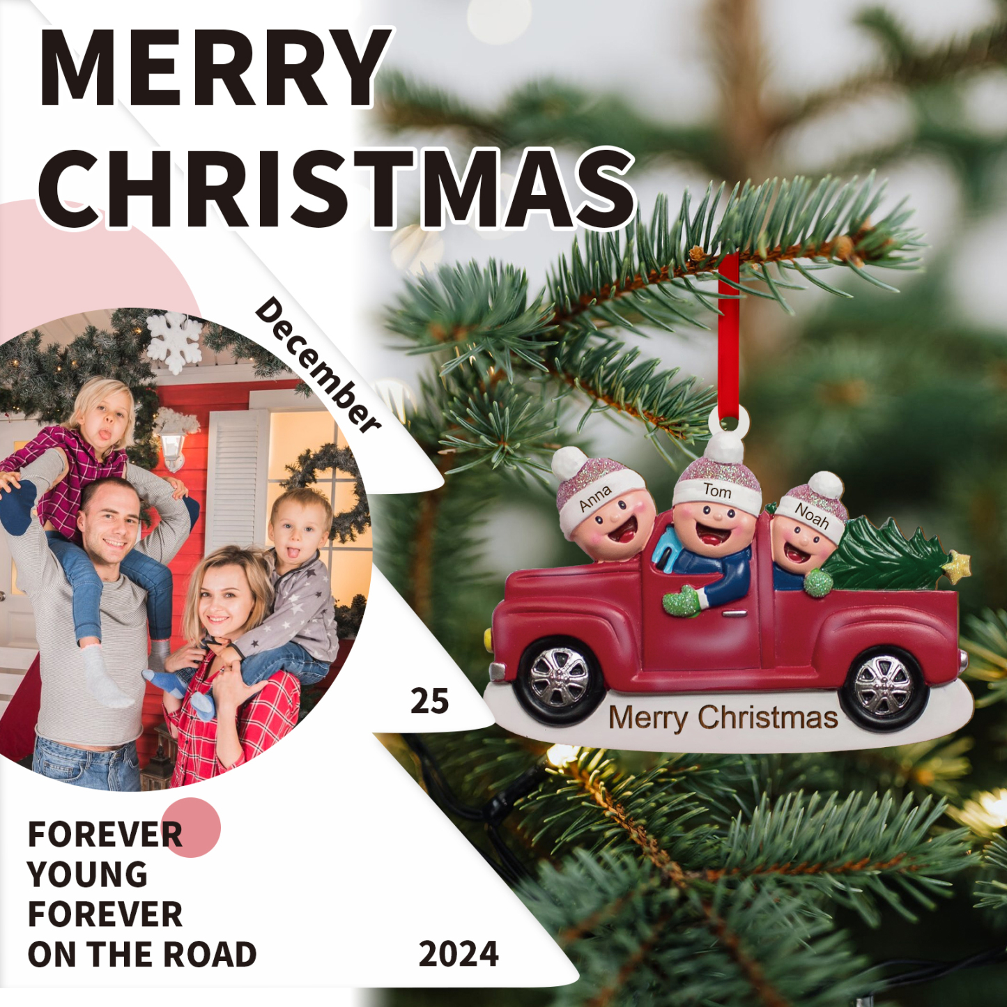 Décoration Sapin Noël en Bois Voiture rouge 3 Prénoms Personnalisés avec Texte Ornement pour Famille | Jessemade