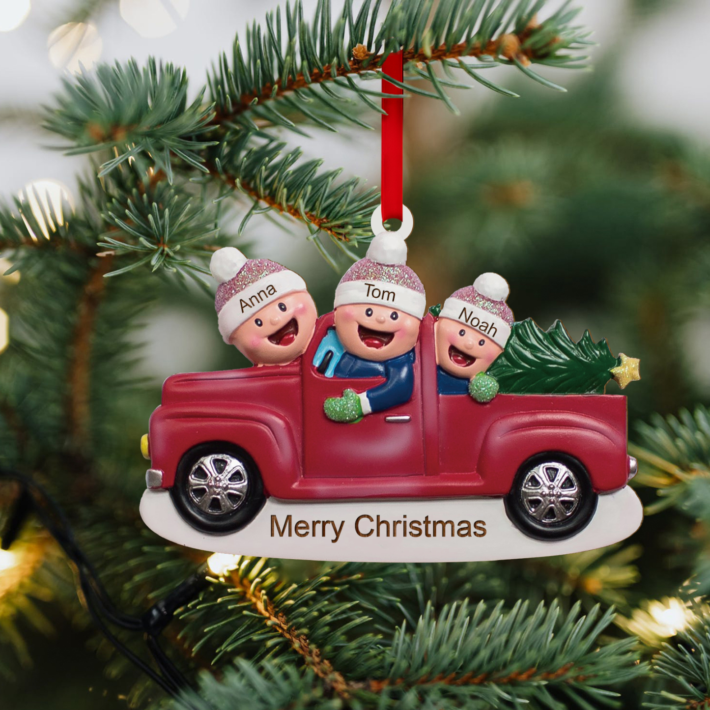 Décoration Sapin Noël en Bois Voiture rouge 3 Prénoms Personnalisés avec Texte Ornement pour Famille | Jessemade