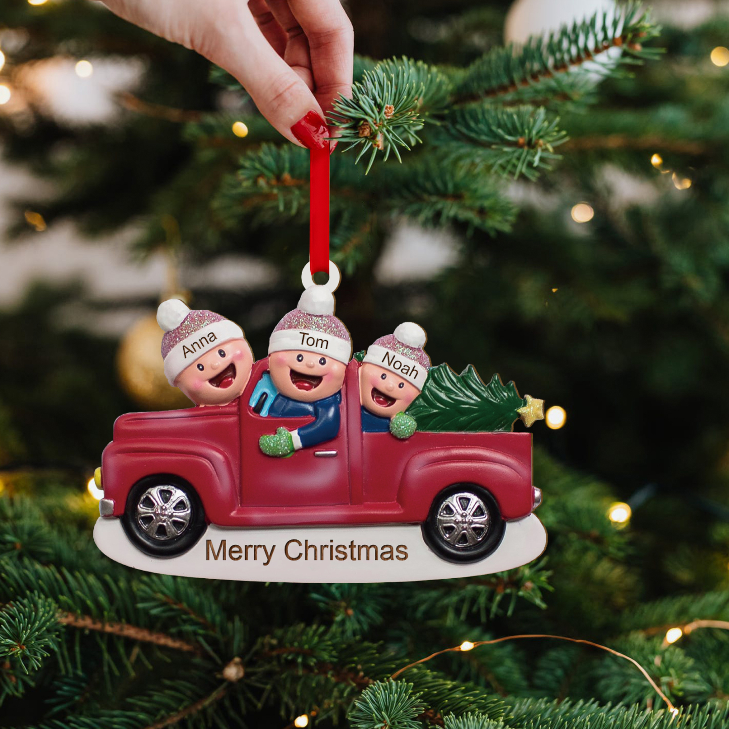 Décoration Sapin Noël en Bois Voiture rouge 3 Prénoms Personnalisés avec Texte Ornement pour Famille | Jessemade