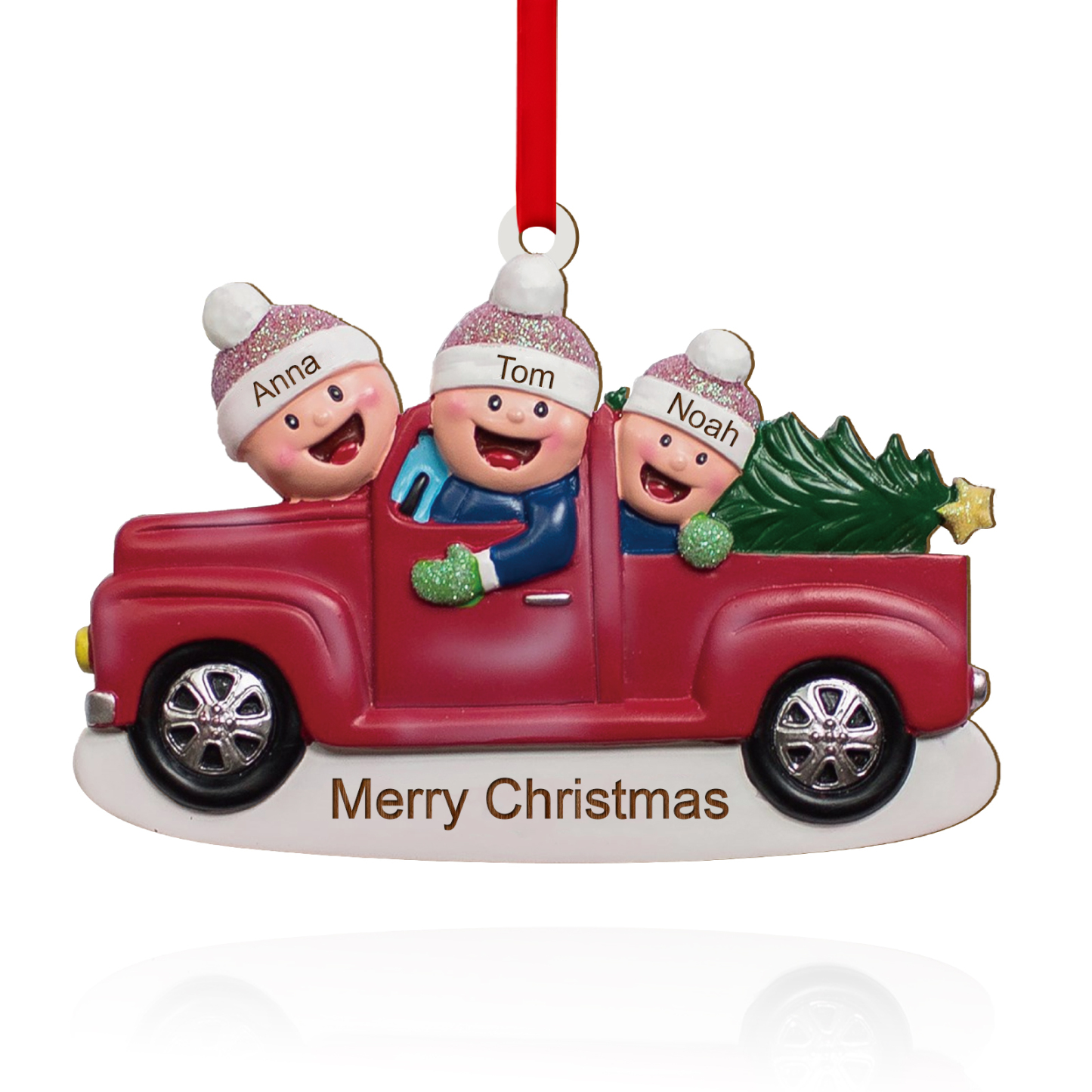 Décoration Sapin Noël en Bois Voiture rouge 3 Prénoms Personnalisés avec Texte Ornement pour Famille | Jessemade