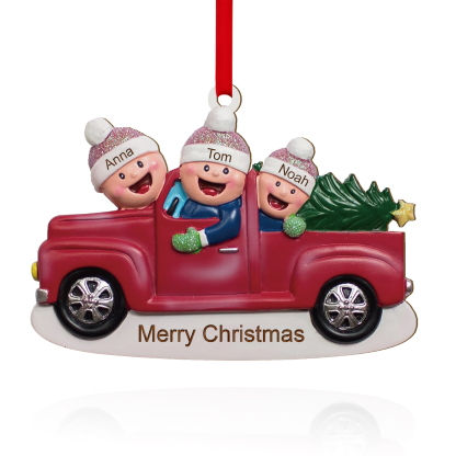 Décoration Sapin Noël en Bois Voiture rouge 3 Prénoms Personnalisés avec Texte Ornement pour Famille | Jessemade