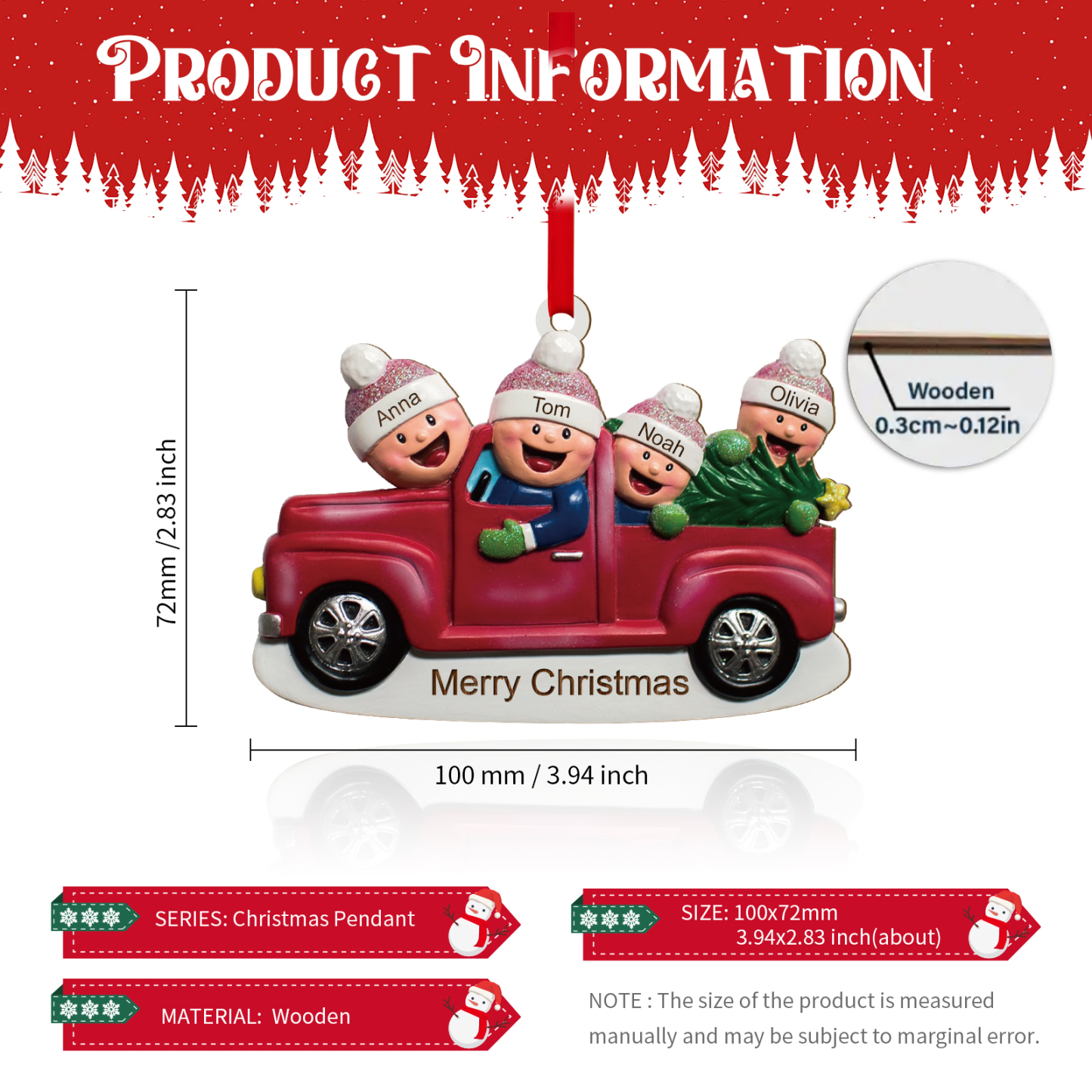 Décoration Sapin Noël en Bois Voiture rouge 4 Prénoms Personnalisés avec Texte Ornement pour Famille | Jessemade