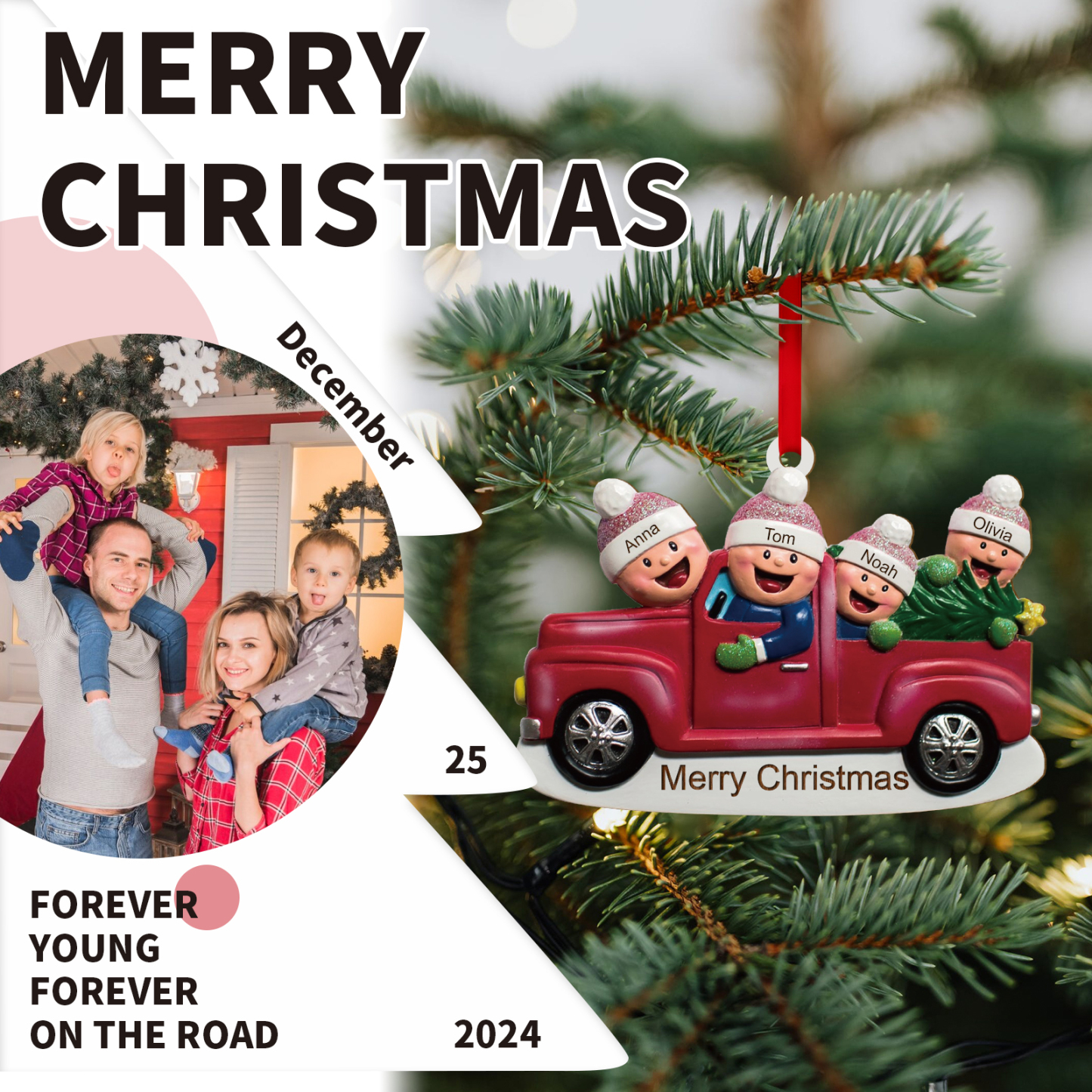 Décoration Sapin Noël en Bois Voiture rouge 4 Prénoms Personnalisés avec Texte Ornement pour Famille | Jessemade