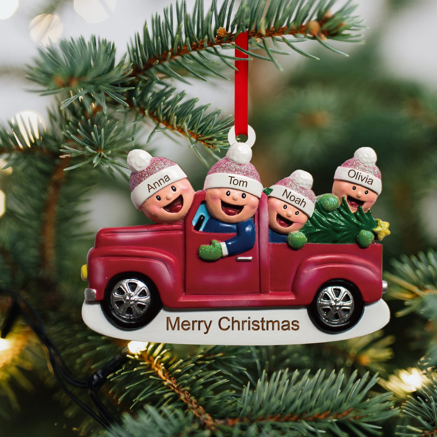 Décoration Sapin Noël en Bois Voiture rouge 4 Prénoms Personnalisés avec Texte Ornement pour Famille | Jessemade
