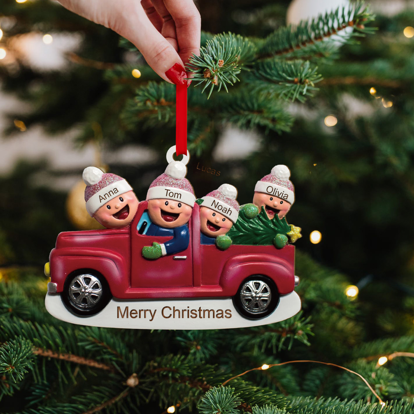 Décoration Sapin Noël en Bois Voiture rouge 4 Prénoms Personnalisés avec Texte Ornement pour Famille | Jessemade