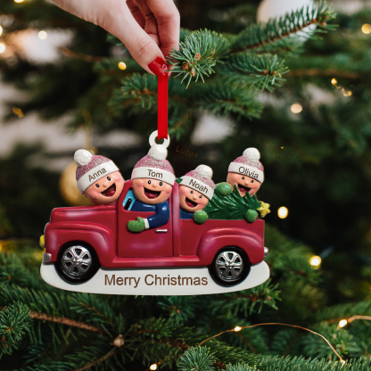 Décoration Sapin Noël en Bois Voiture rouge 4 Prénoms Personnalisés avec Texte Ornement pour Famille | Jessemade