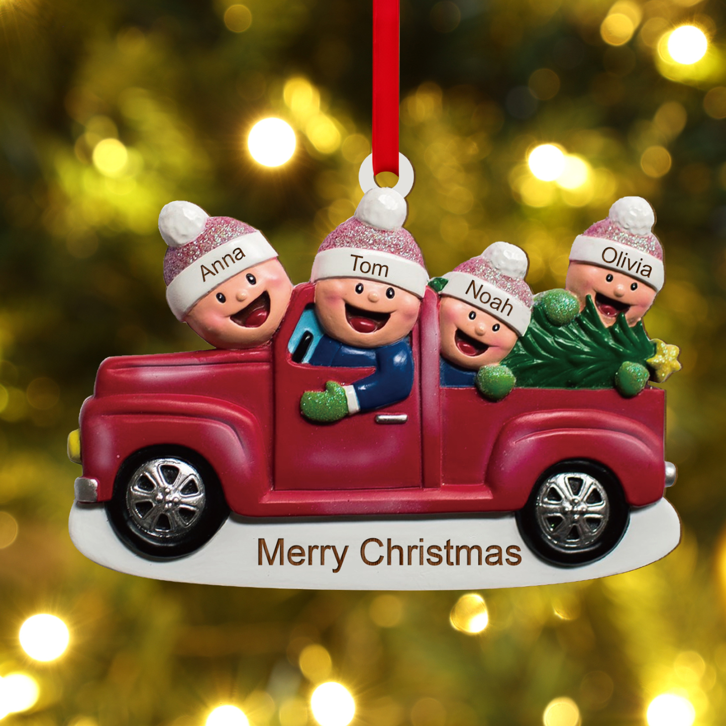 Décoration Sapin Noël en Bois Voiture rouge 4 Prénoms Personnalisés av