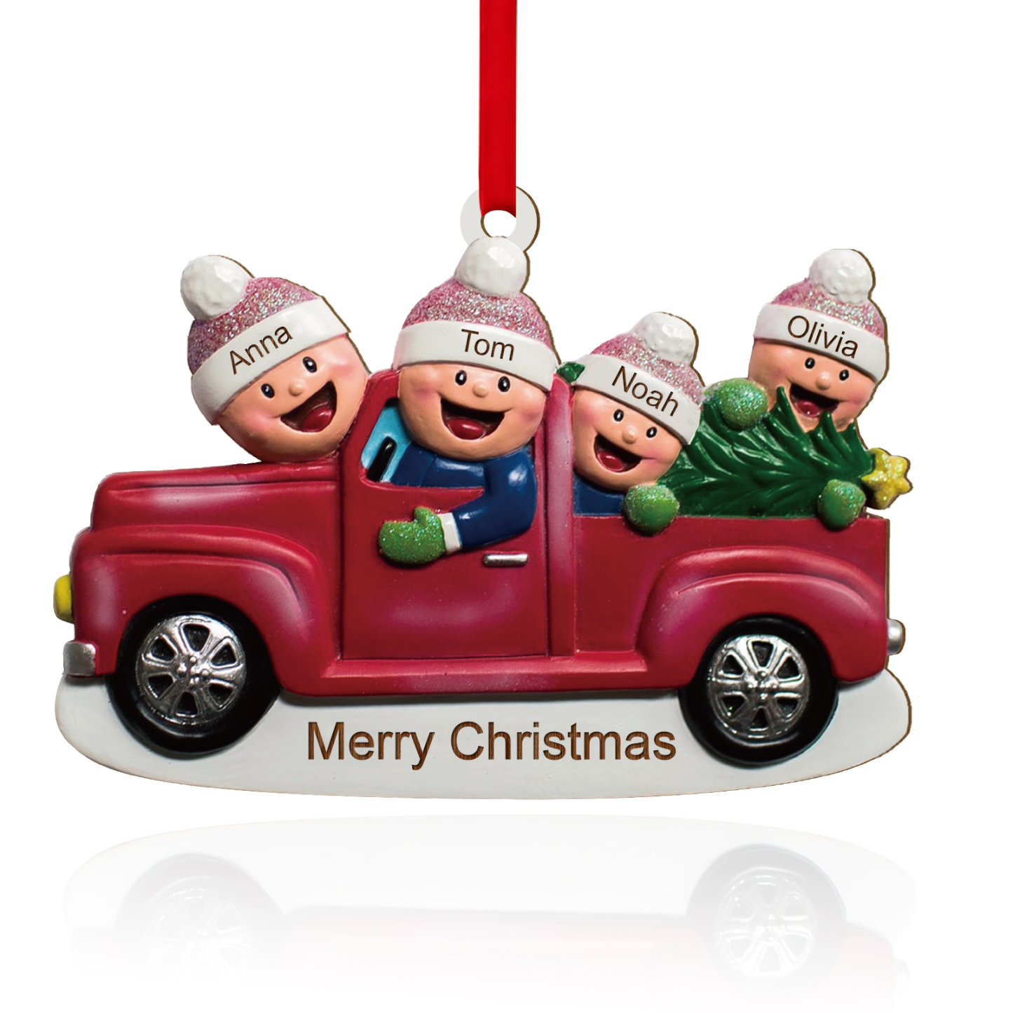 Décoration Sapin Noël en Bois Voiture rouge 4 Prénoms Personnalisés avec Texte Ornement pour Famille | Jessemade