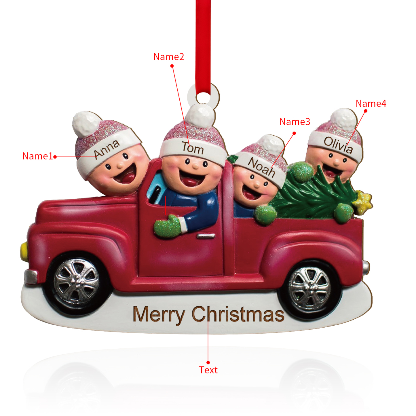 Décoration Sapin Noël en Bois Voiture rouge 4 Prénoms Personnalisés avec Texte Ornement pour Famille | Jessemade