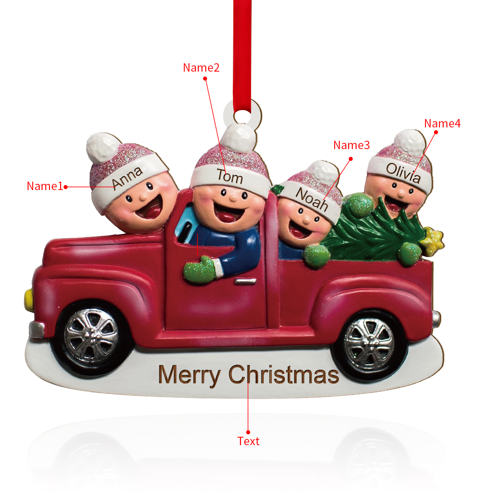 Décoration Sapin Noël en Bois Voiture rouge 4 Prénoms Personnalisés avec Texte Ornement pour Famille | Jessemade