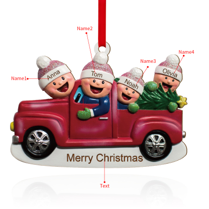Décoration Sapin Noël en Bois Voiture rouge 4 Prénoms Personnalisés avec Texte Ornement pour Famille | Jessemade