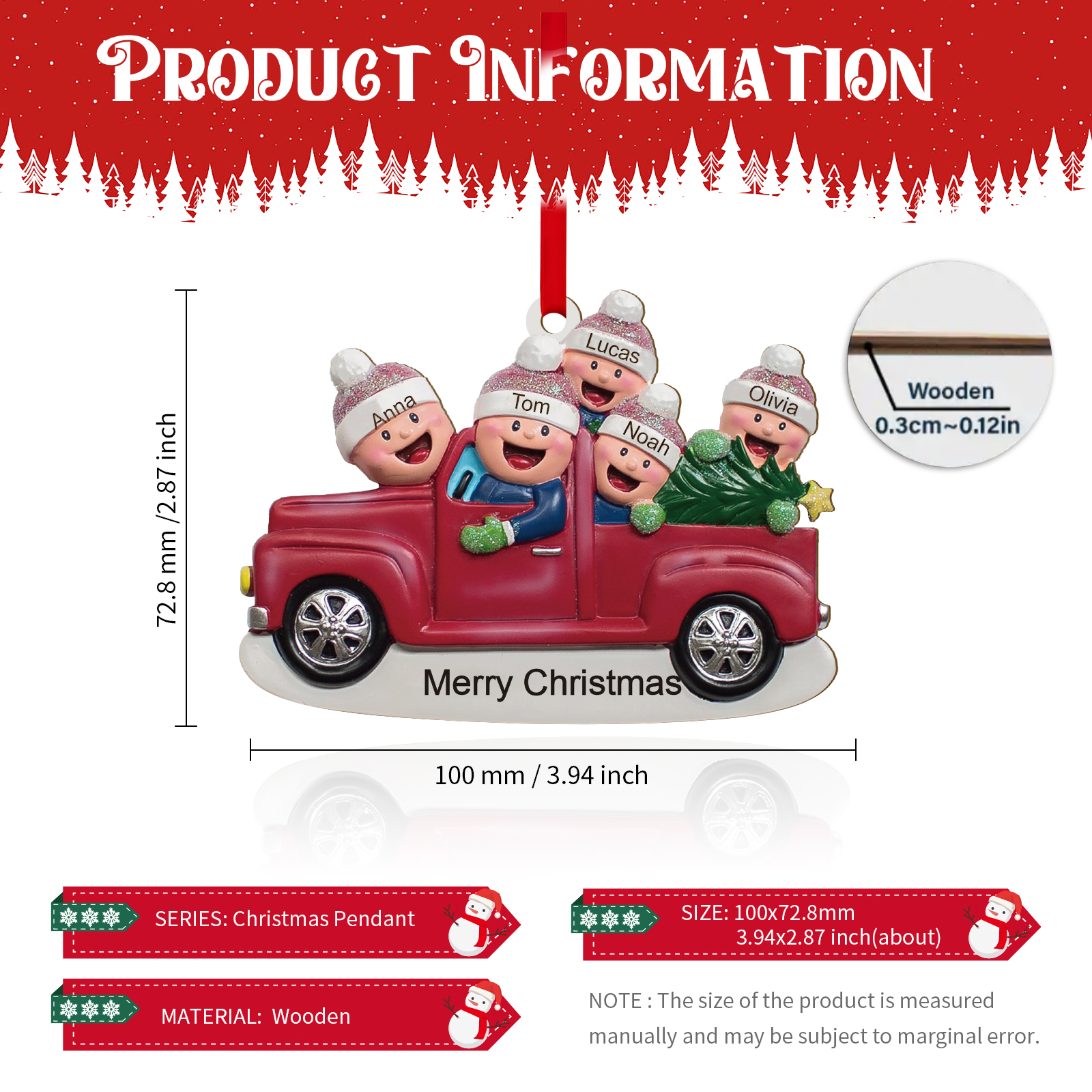 Décoration Sapin Noël en Bois Voiture rouge 5 Prénoms Personnalisés avec Texte Ornement pour Famille | Jessemade