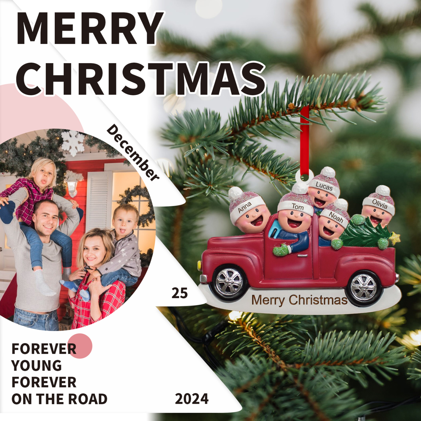 Décoration Sapin Noël en Bois Voiture rouge 5 Prénoms Personnalisés avec Texte Ornement pour Famille | Jessemade