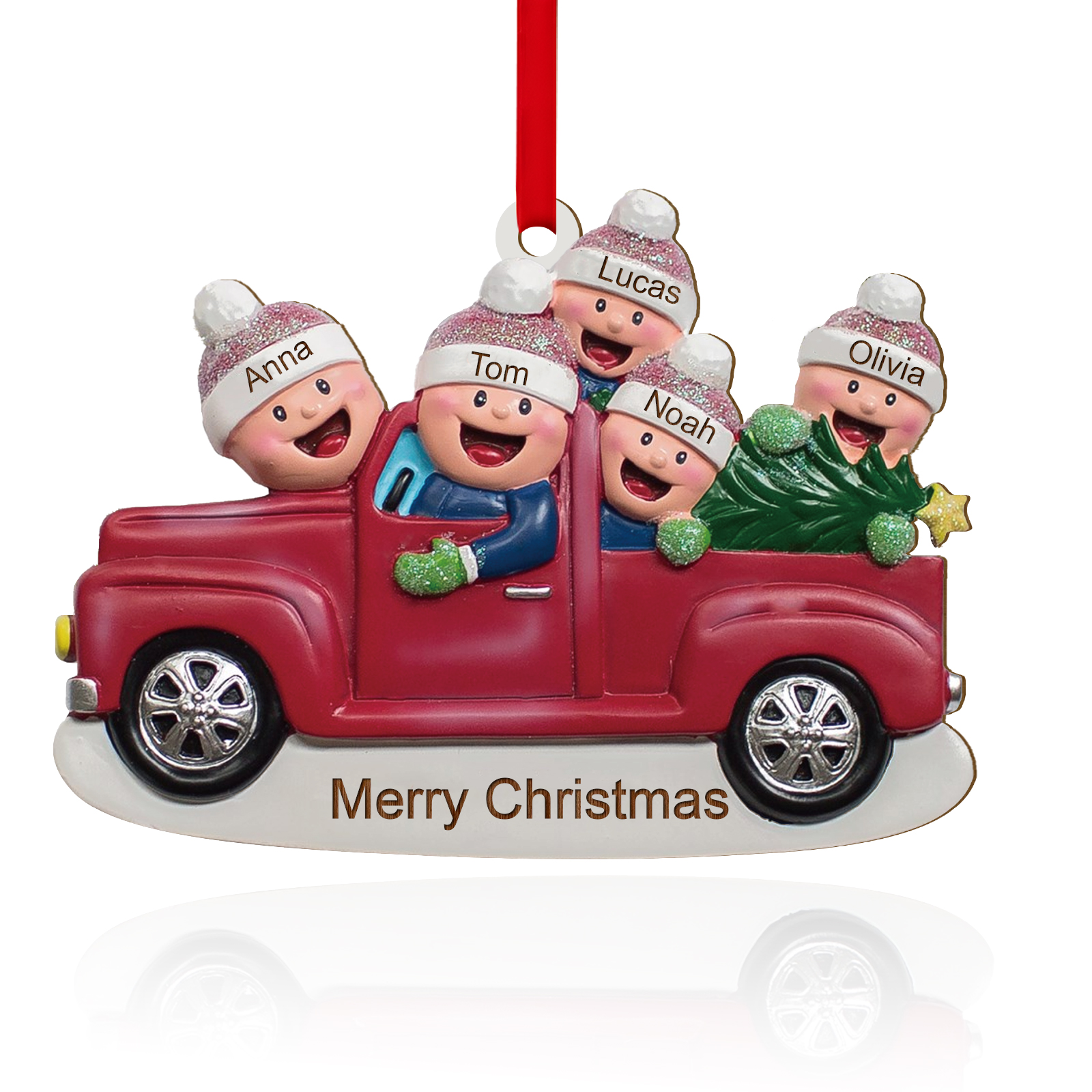 Décoration Sapin Noël en Bois Voiture rouge 5 Prénoms Personnalisés avec Texte Ornement pour Famille | Jessemade
