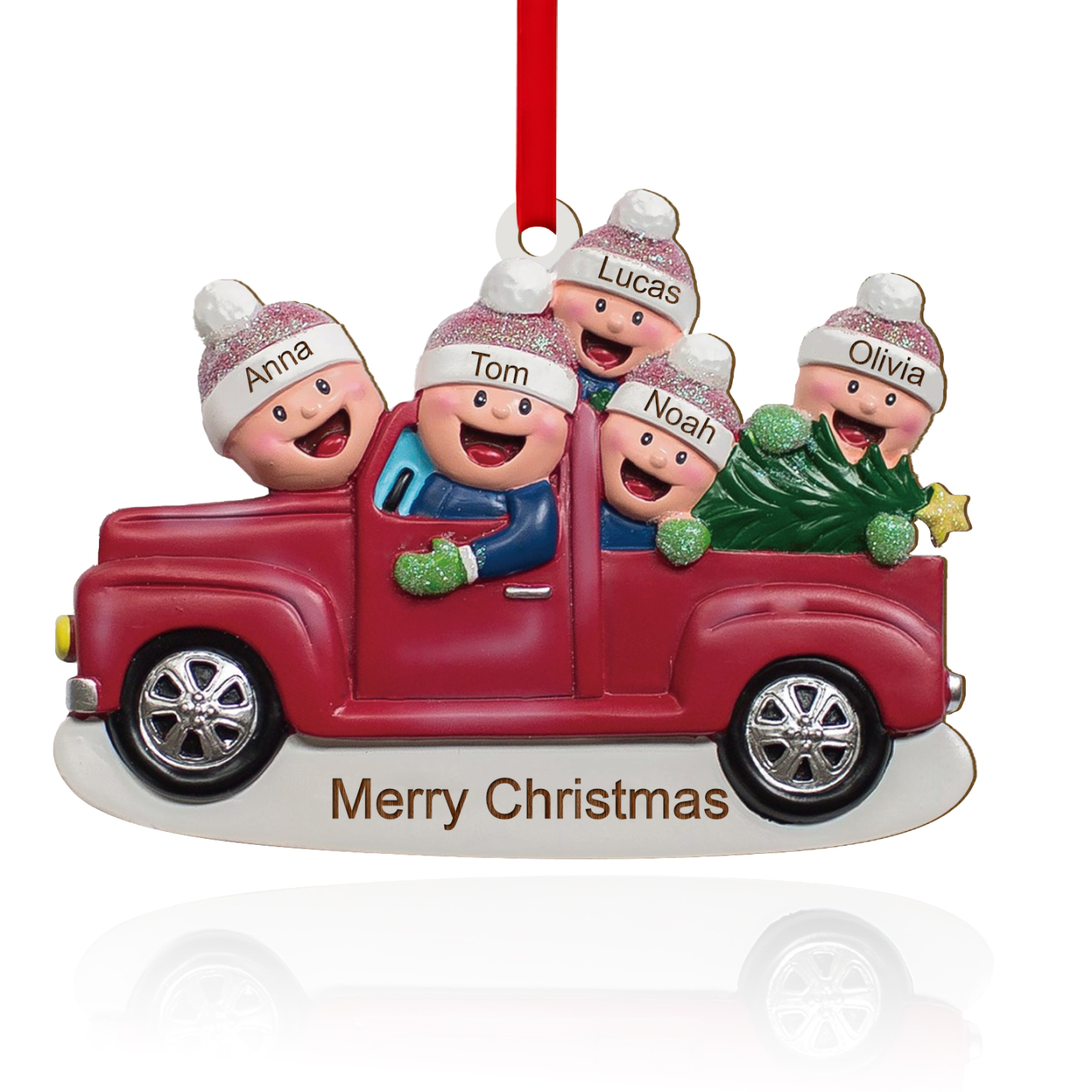 Décoration Sapin Noël en Bois Voiture rouge 5 Prénoms Personnalisés avec Texte Ornement pour Famille | Jessemade