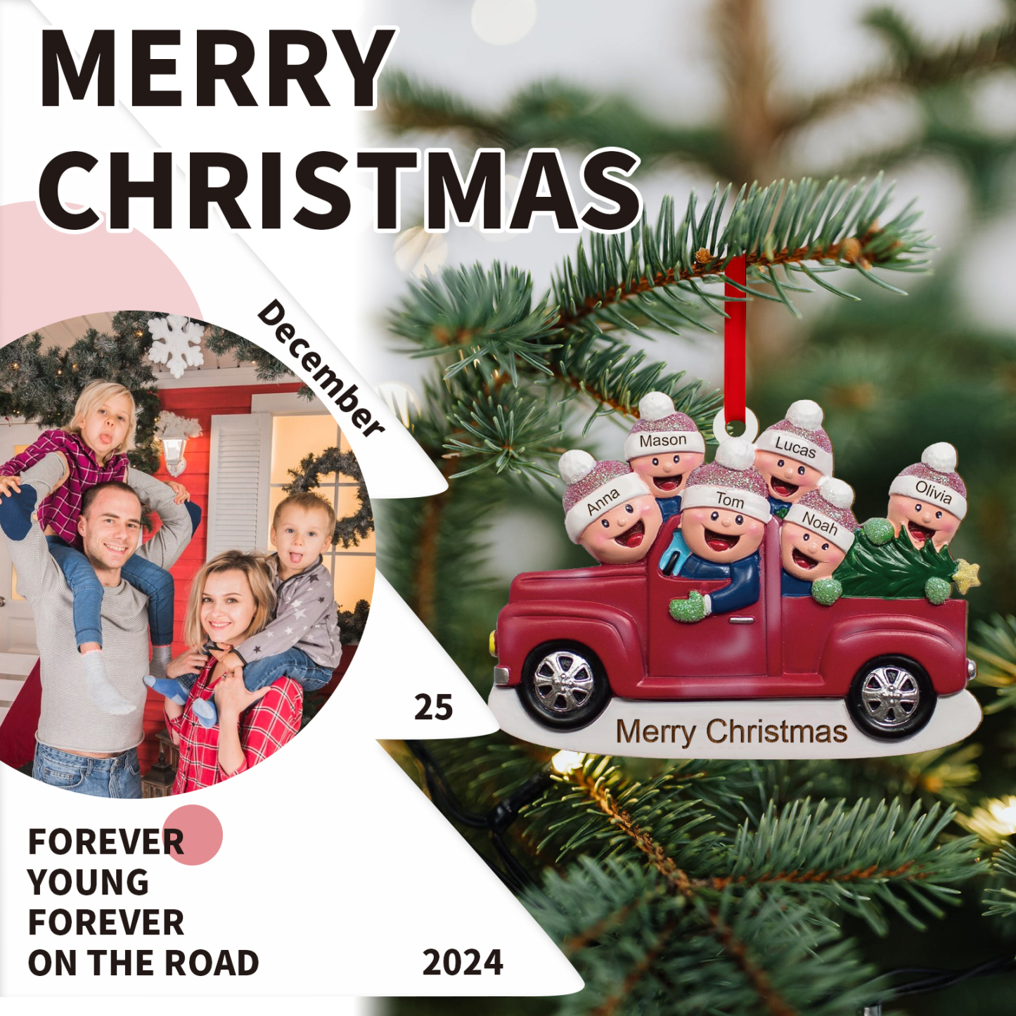 Décoration Sapin Noël en Bois Voiture rouge 6 Prénoms Personnalisés avec Texte Ornement pour Famille | Jessemade