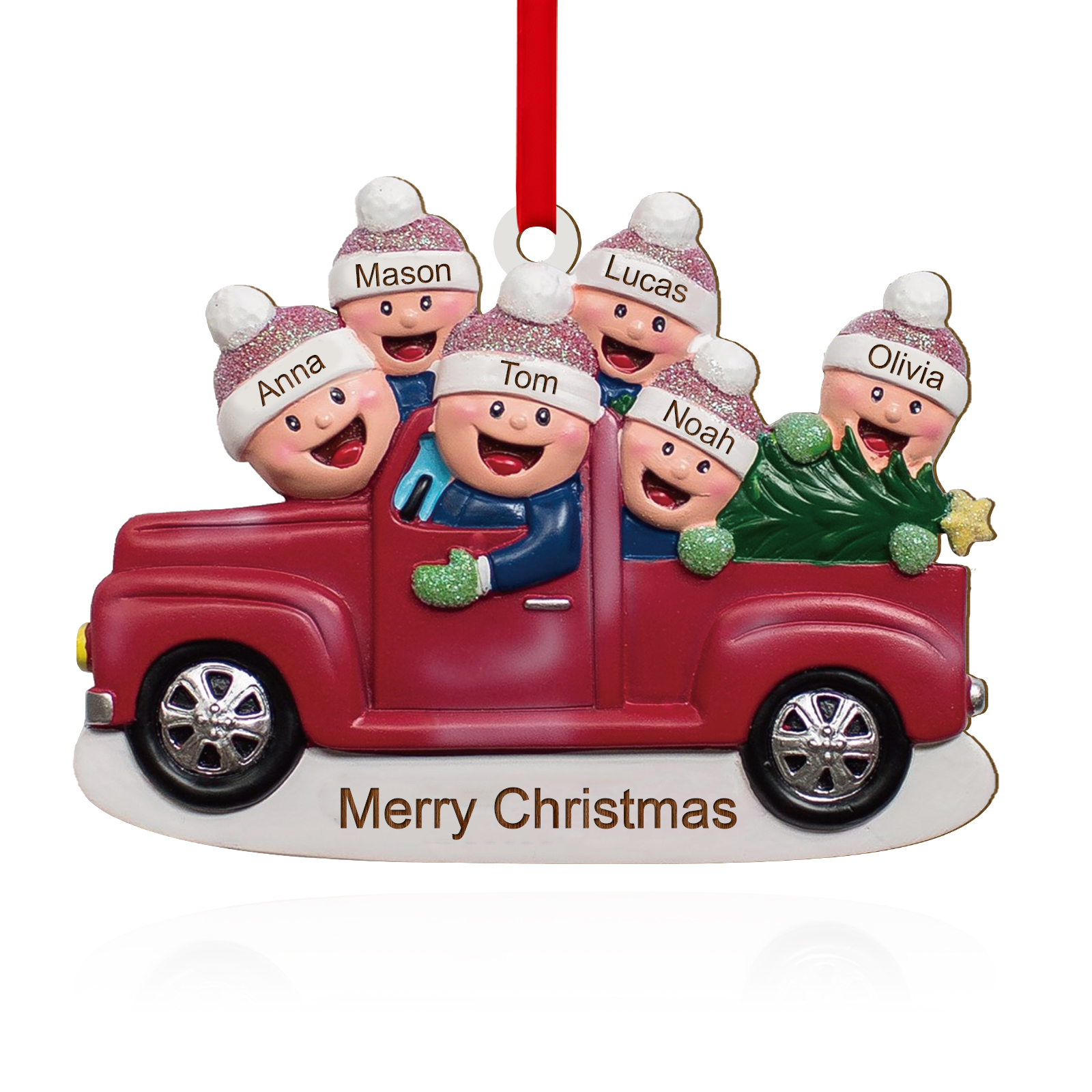 Décoration Sapin Noël en Bois Voiture rouge 6 Prénoms Personnalisés avec Texte Ornement pour Famille | Jessemade