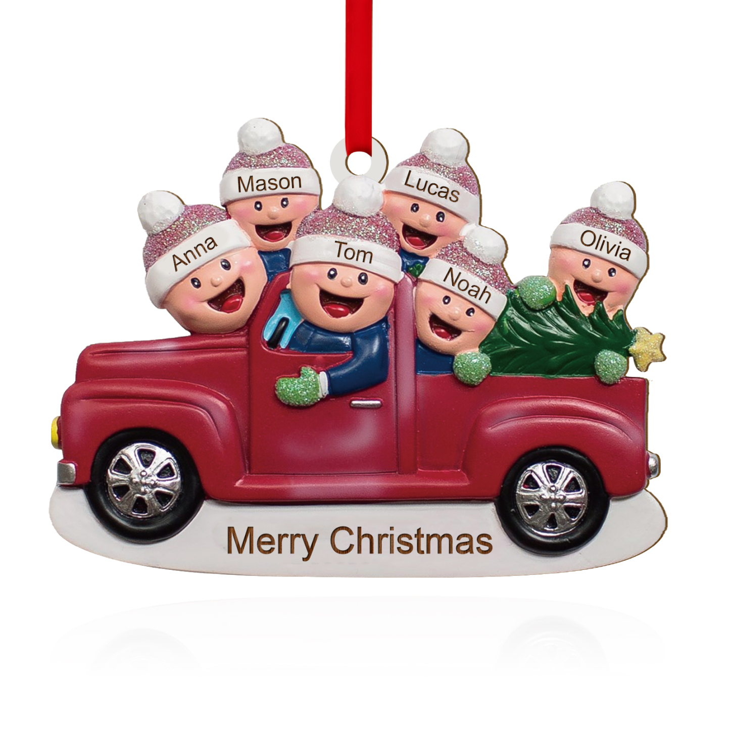 Décoration Sapin Noël en Bois Voiture rouge 6 Prénoms Personnalisés avec Texte Ornement pour Famille | Jessemade