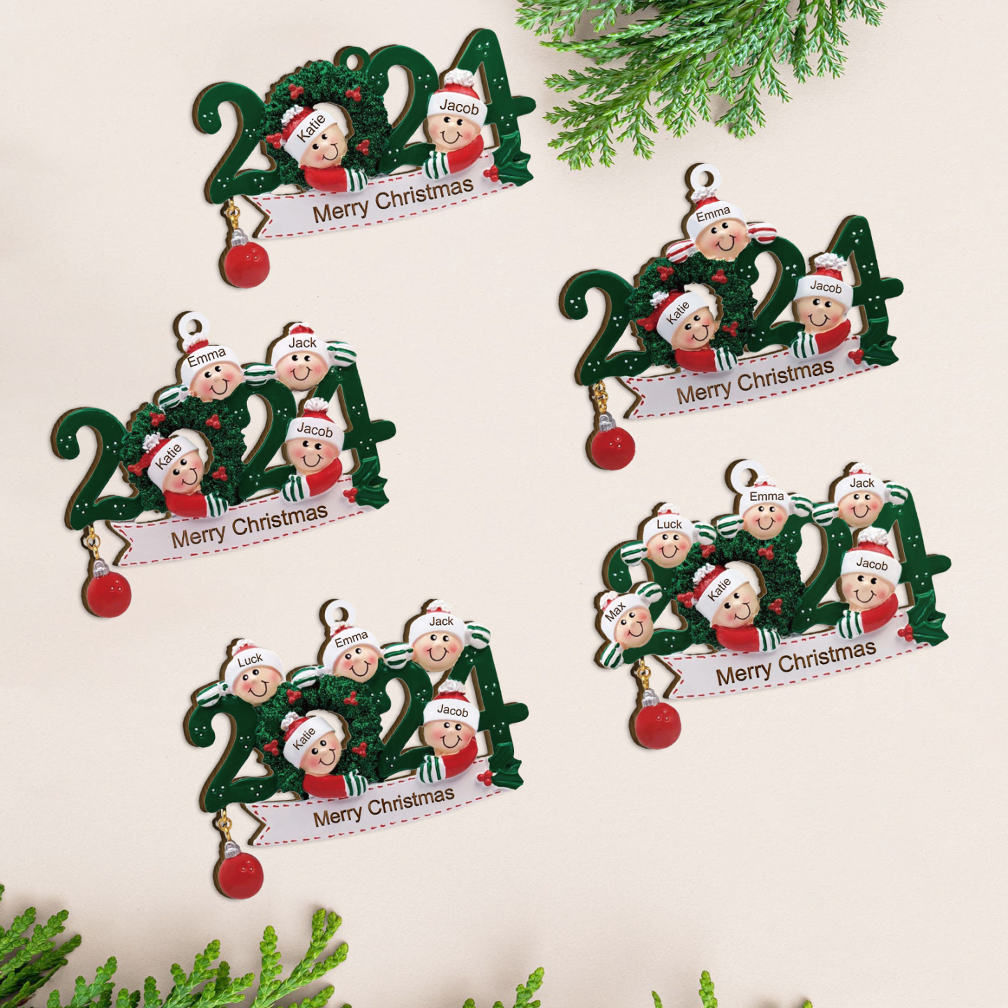 Décoration Sapin Noël en Bois 2024 4 Prénoms Personnalisés avec Texte Cadeau pour Famille | Jessemade