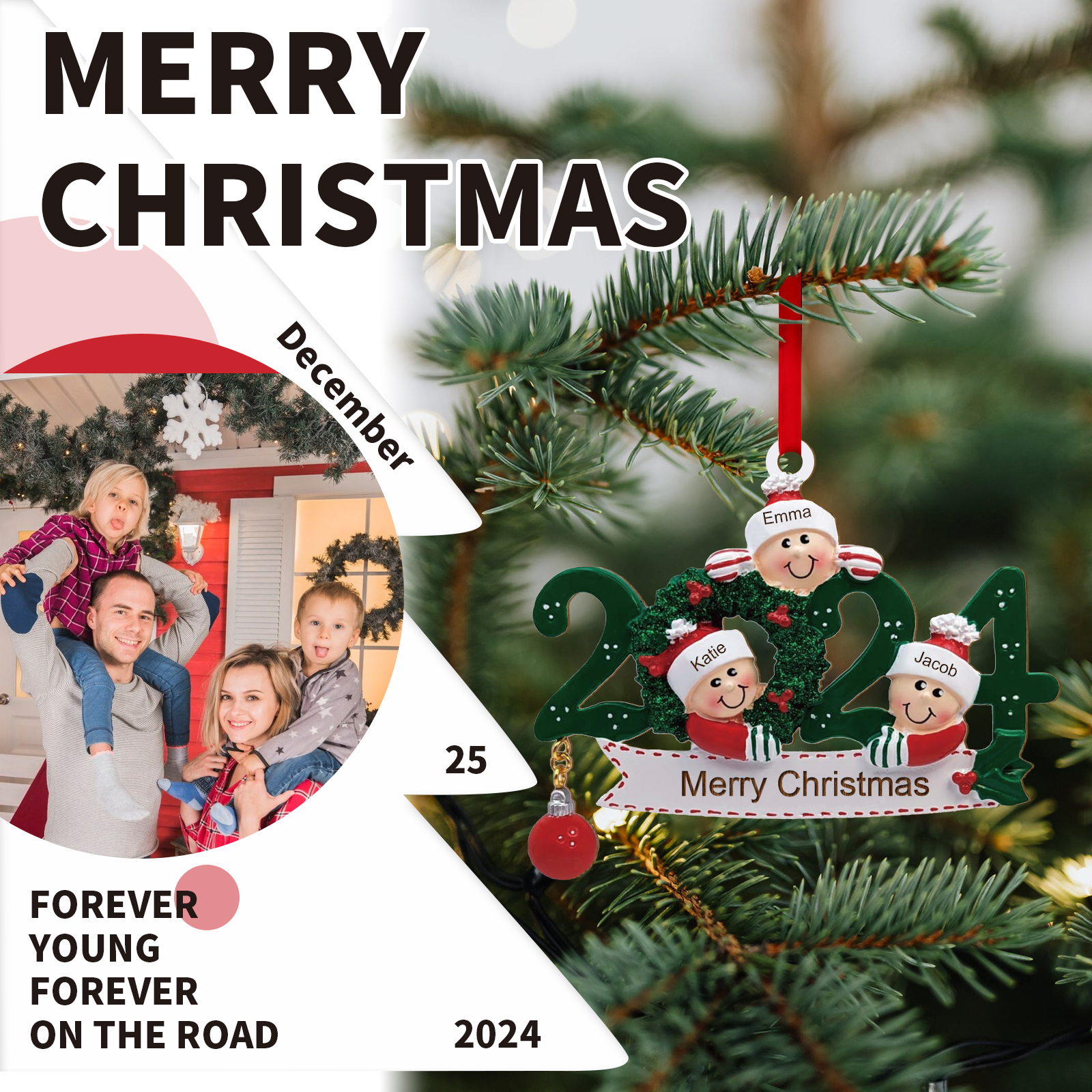 Décoration Sapin Noël en Bois 2024 3 Prénoms Personnalisés avec Texte Cadeau pour Famille | Jessemade