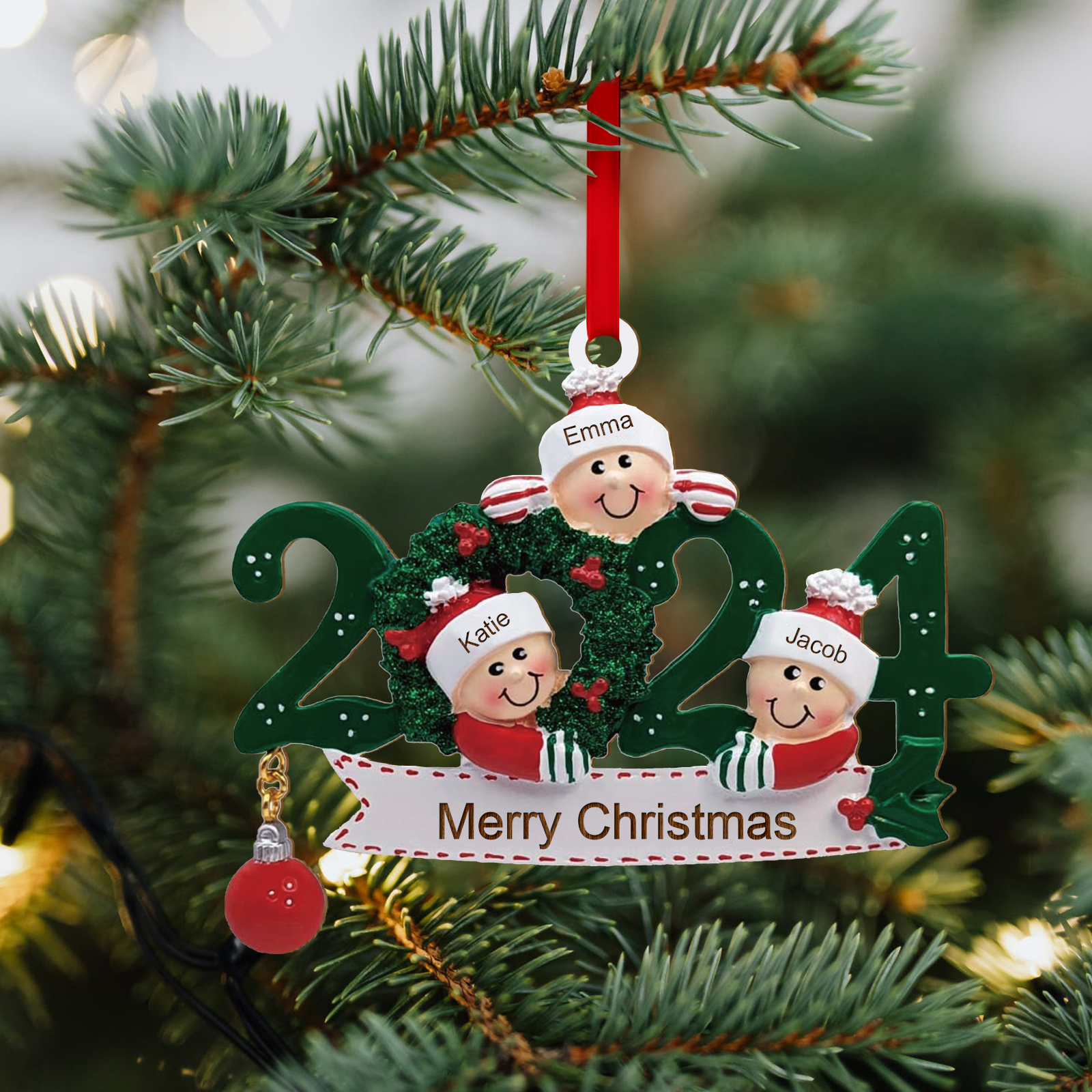 Décoration Sapin Noël en Bois 2024 3 Prénoms Personnalisés avec Texte Cadeau pour Famille | Jessemade