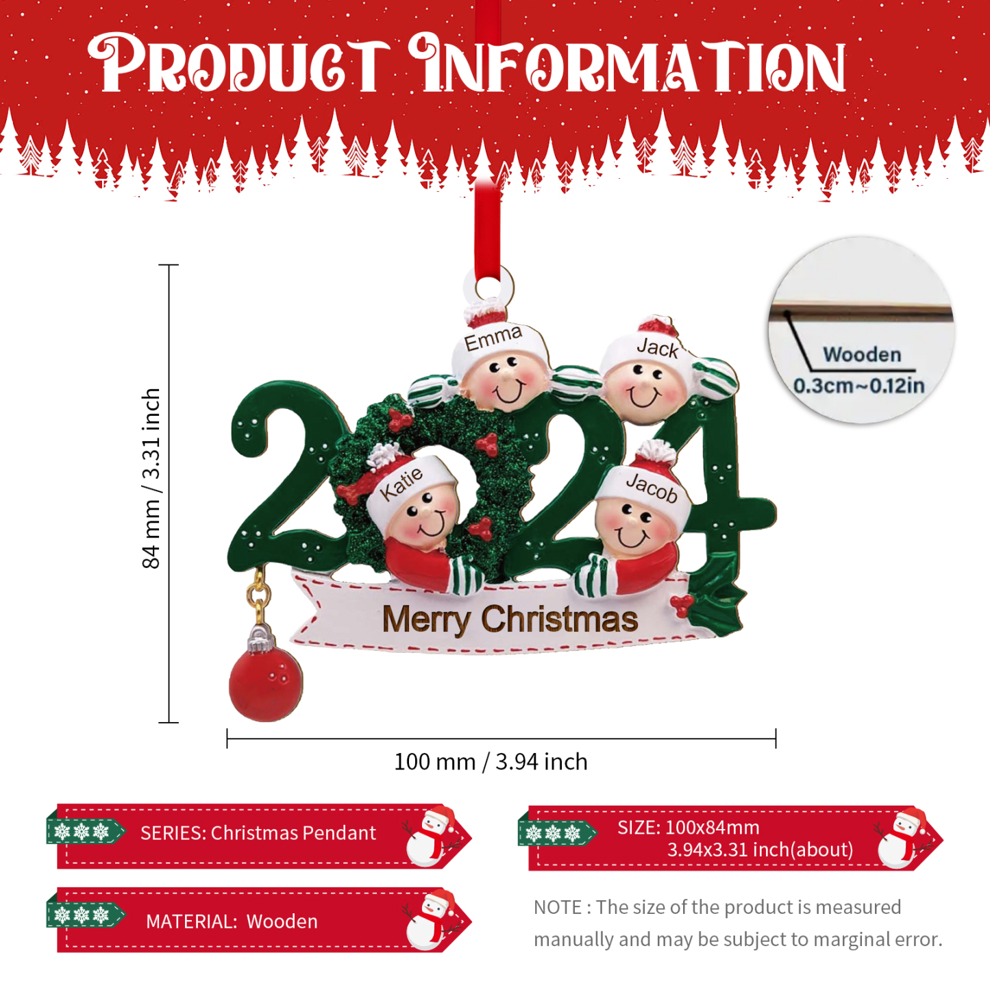 Décoration Sapin Noël en Bois 2024 4 Prénoms Personnalisés avec Texte Cadeau pour Famille | Jessemade