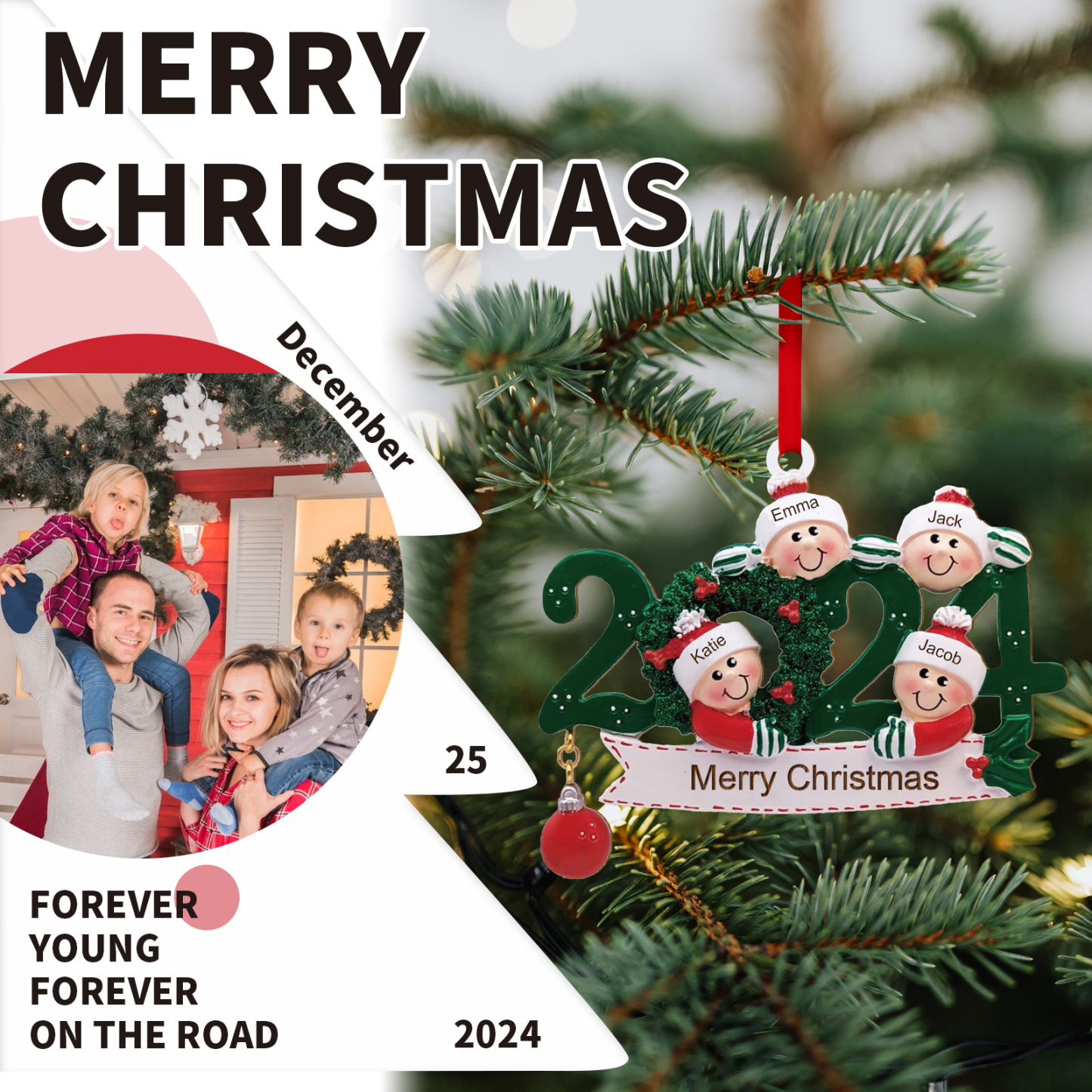 Décoration Sapin Noël en Bois 2024 4 Prénoms Personnalisés avec Texte Cadeau pour Famille | Jessemade