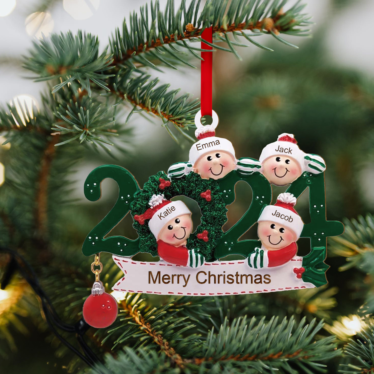 Décoration Sapin Noël en Bois 2024 4 Prénoms Personnalisés avec Texte Cadeau pour Famille | Jessemade