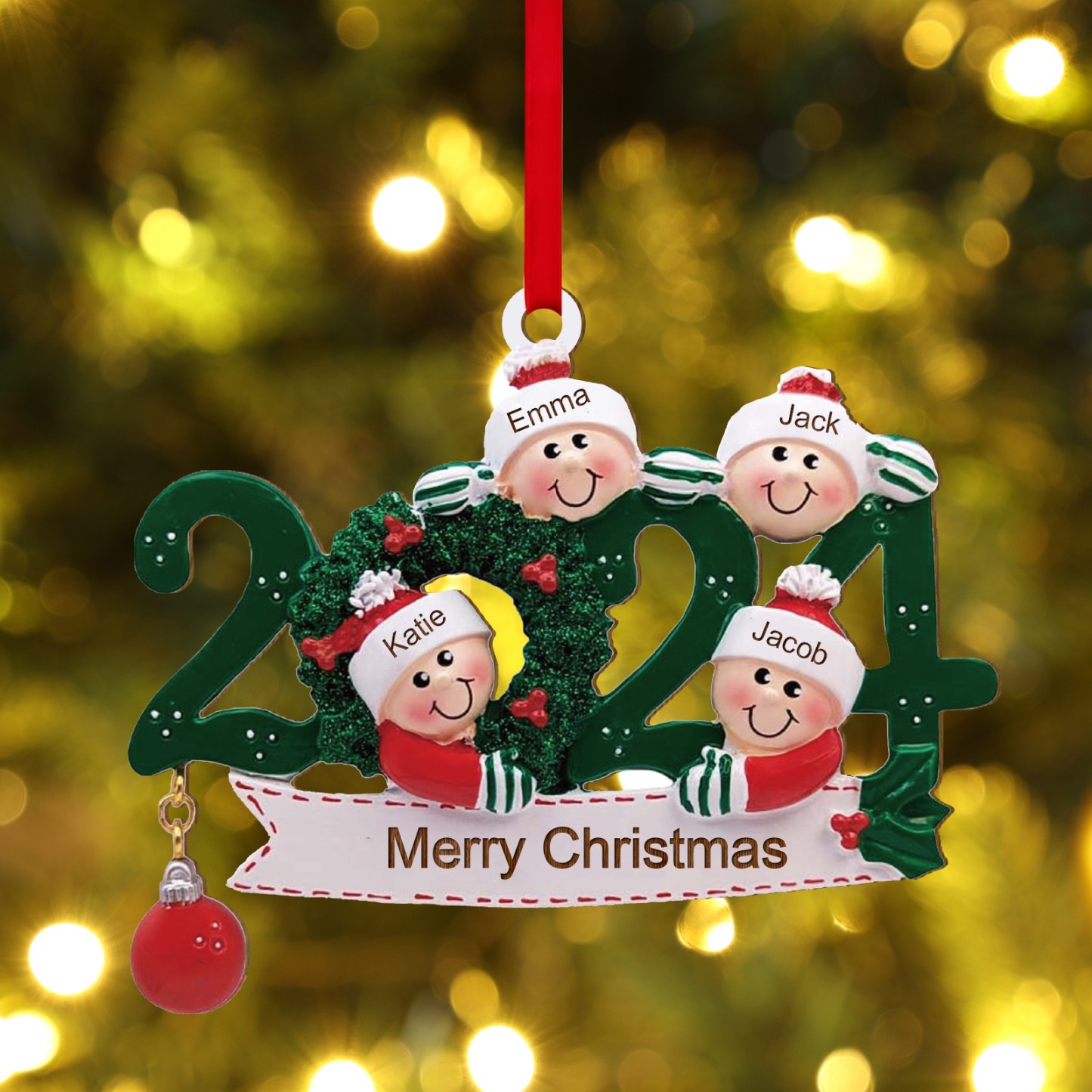 Décoration Sapin Noël en Bois 2024 4 Prénoms Personnalisés avec Texte