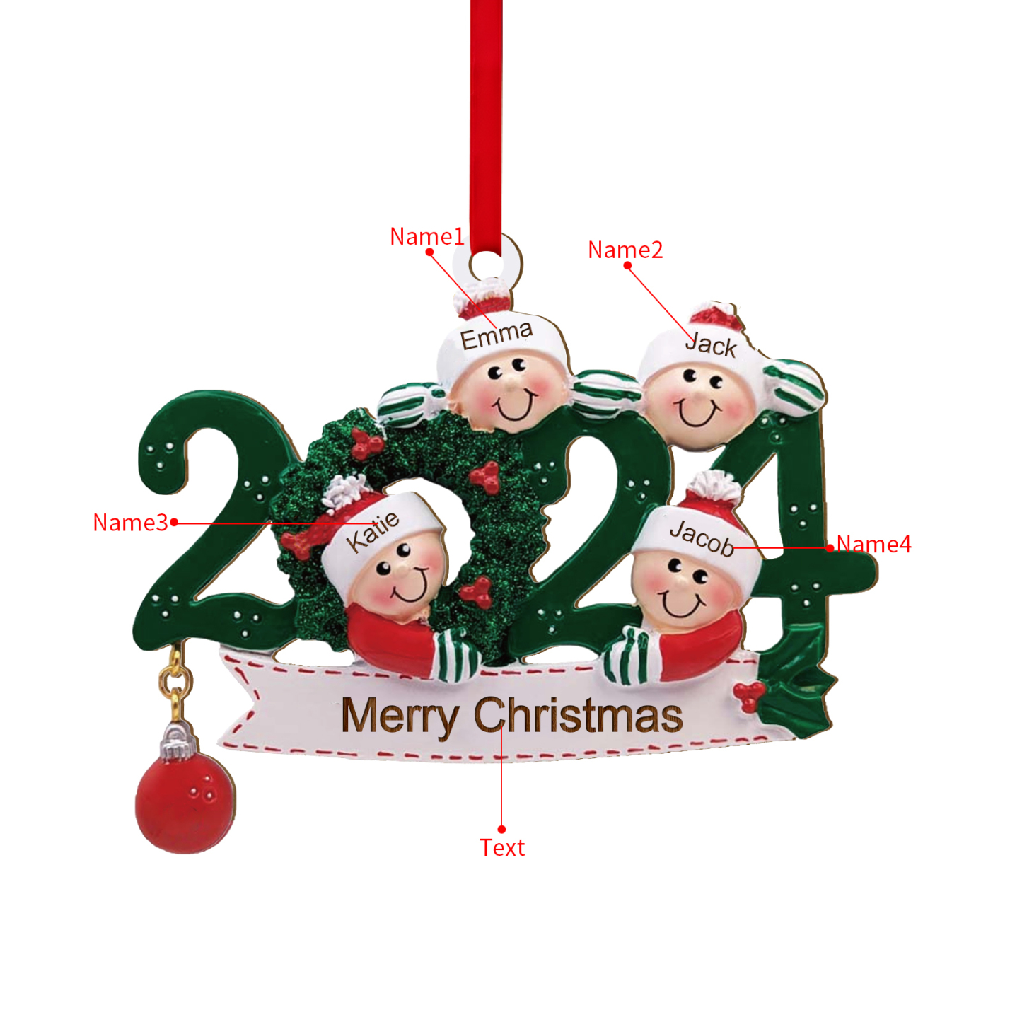 Décoration Sapin Noël en Bois 2024 4 Prénoms Personnalisés avec Texte Cadeau pour Famille | Jessemade