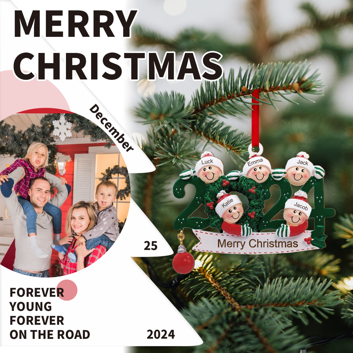 Décoration Sapin Noël en Bois 2024 5 Prénoms Personnalisés avec Texte Cadeau pour Famille | Jessemade