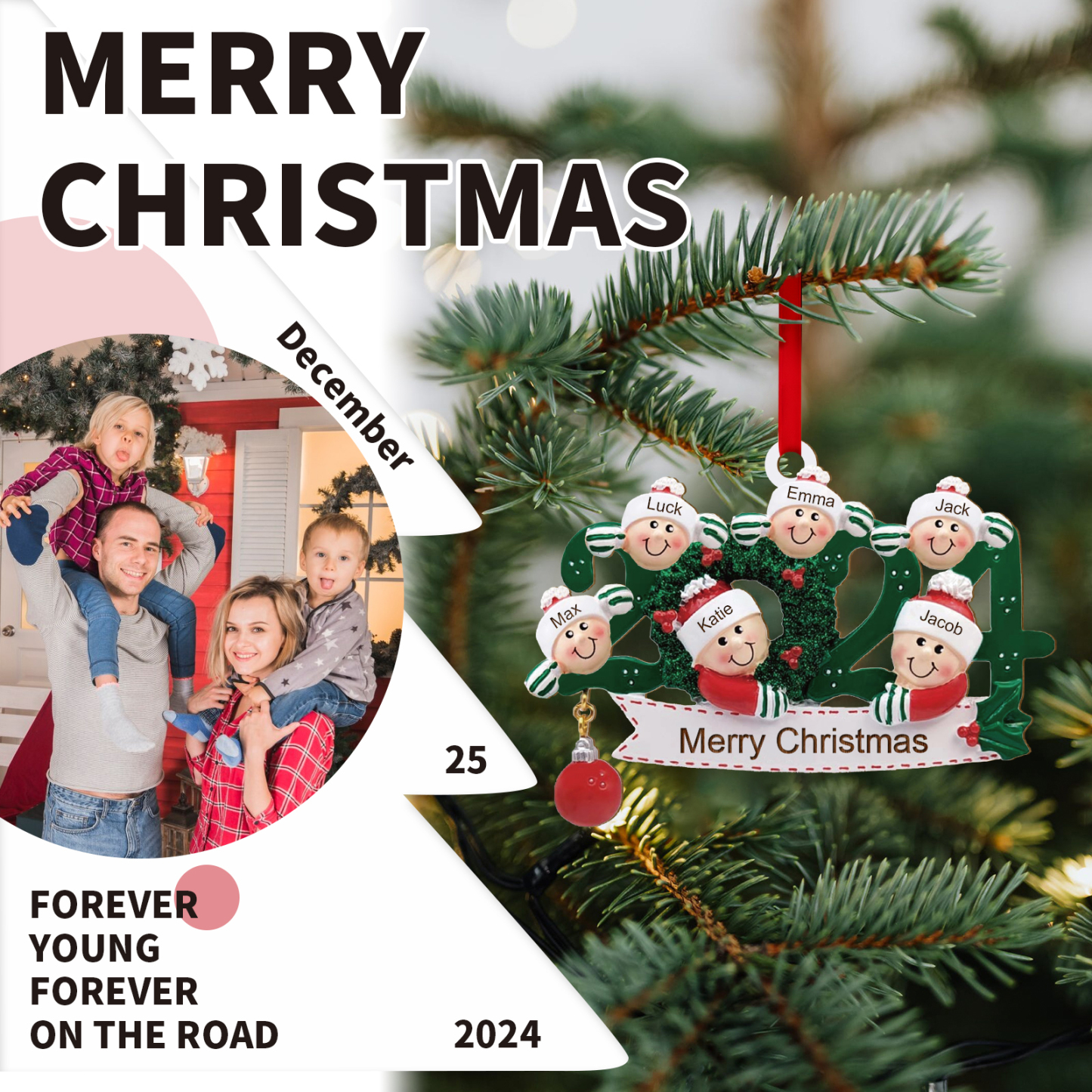 Décoration Sapin Noël en Bois 2024 6 Prénoms Personnalisés avec Texte Cadeau pour Famille | Jessemade