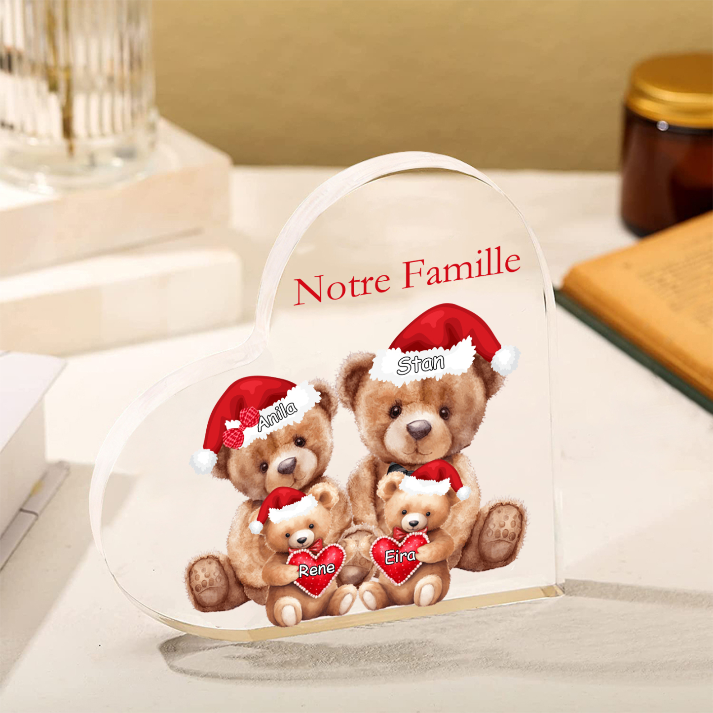 Plaque Acrylique Ours en Forme de Cœur 4 Prénoms Personnalisés Cadeau famille | Jessemade