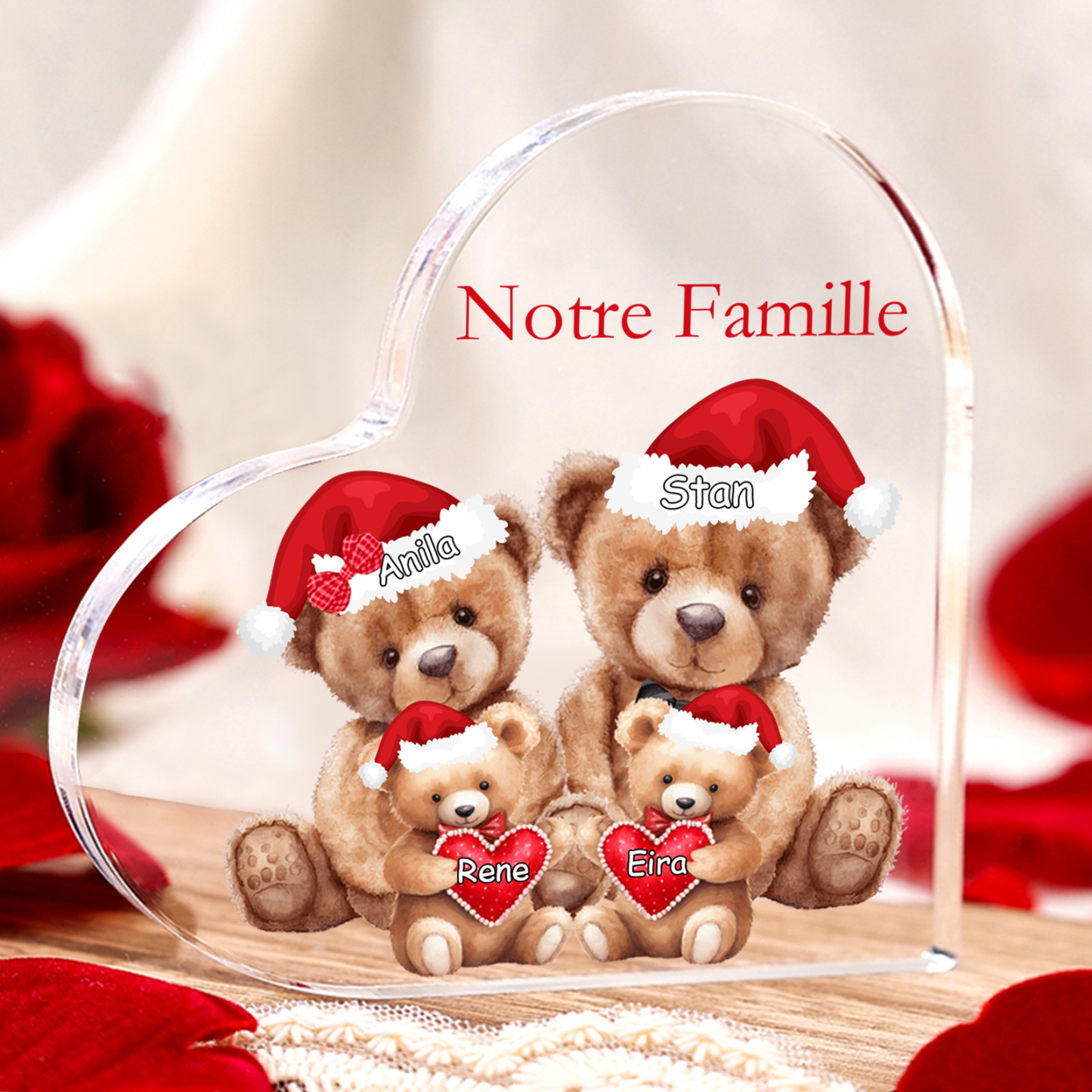Plaque Acrylique Ours en Forme de Cœur 4 Prénoms Personnalisés Cadeau famille | Jessemade