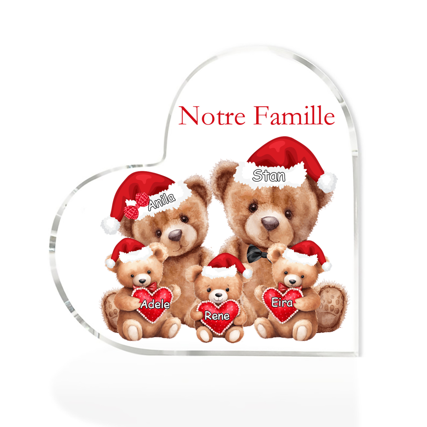 Plaque Acrylique Ours en Forme de Cœur 5 Prénoms Personnalisés Cadeau