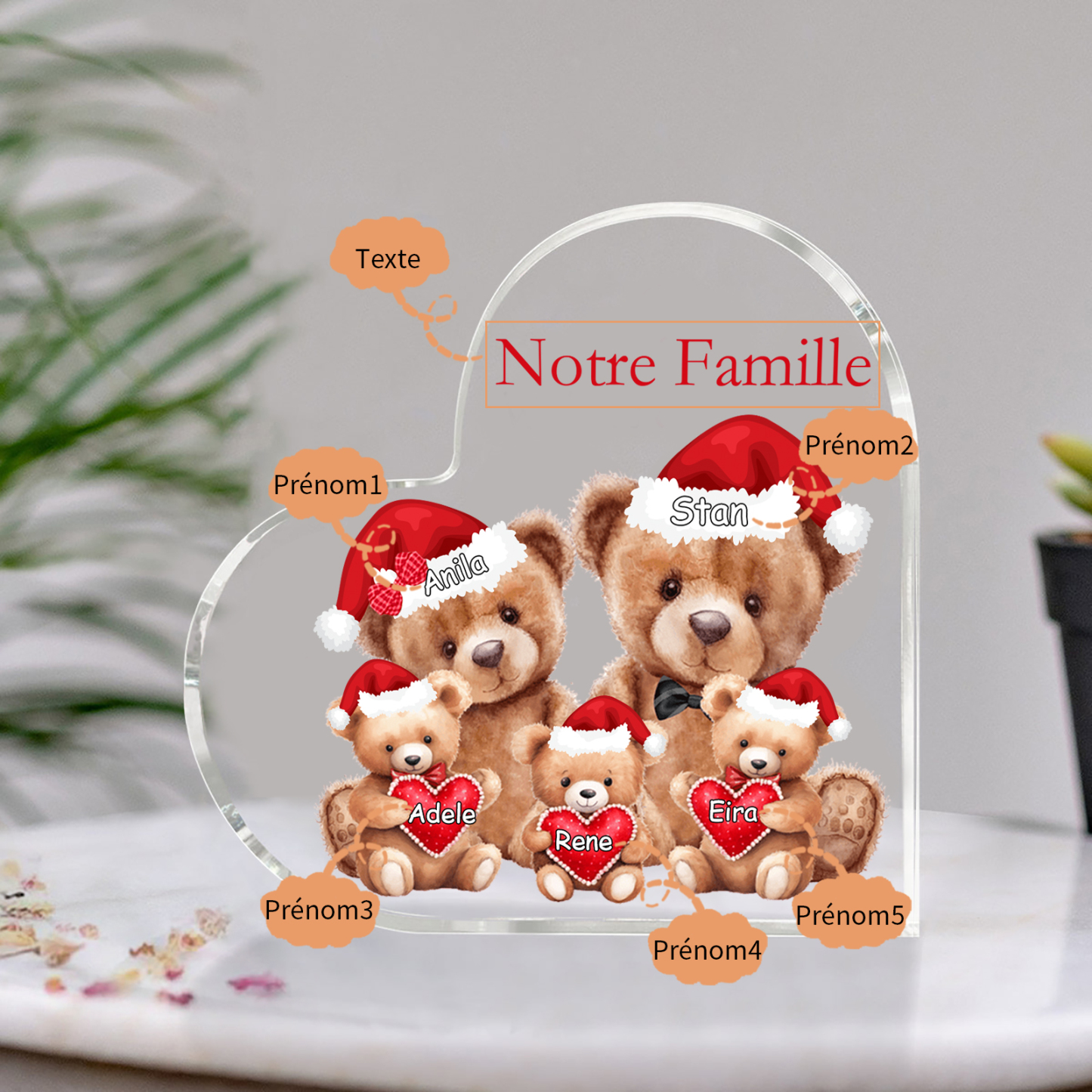 Plaque Acrylique Ours en Forme de Cœur 5 Prénoms Personnalisés Cadeau famille | Jessemade
