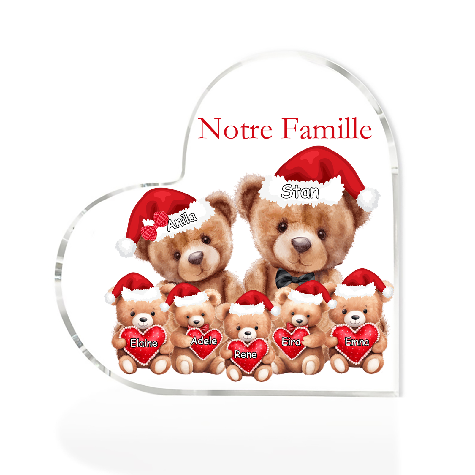 Plaque Acrylique Ours en Forme de Cœur 7 Prénoms Personnalisés Cadeau