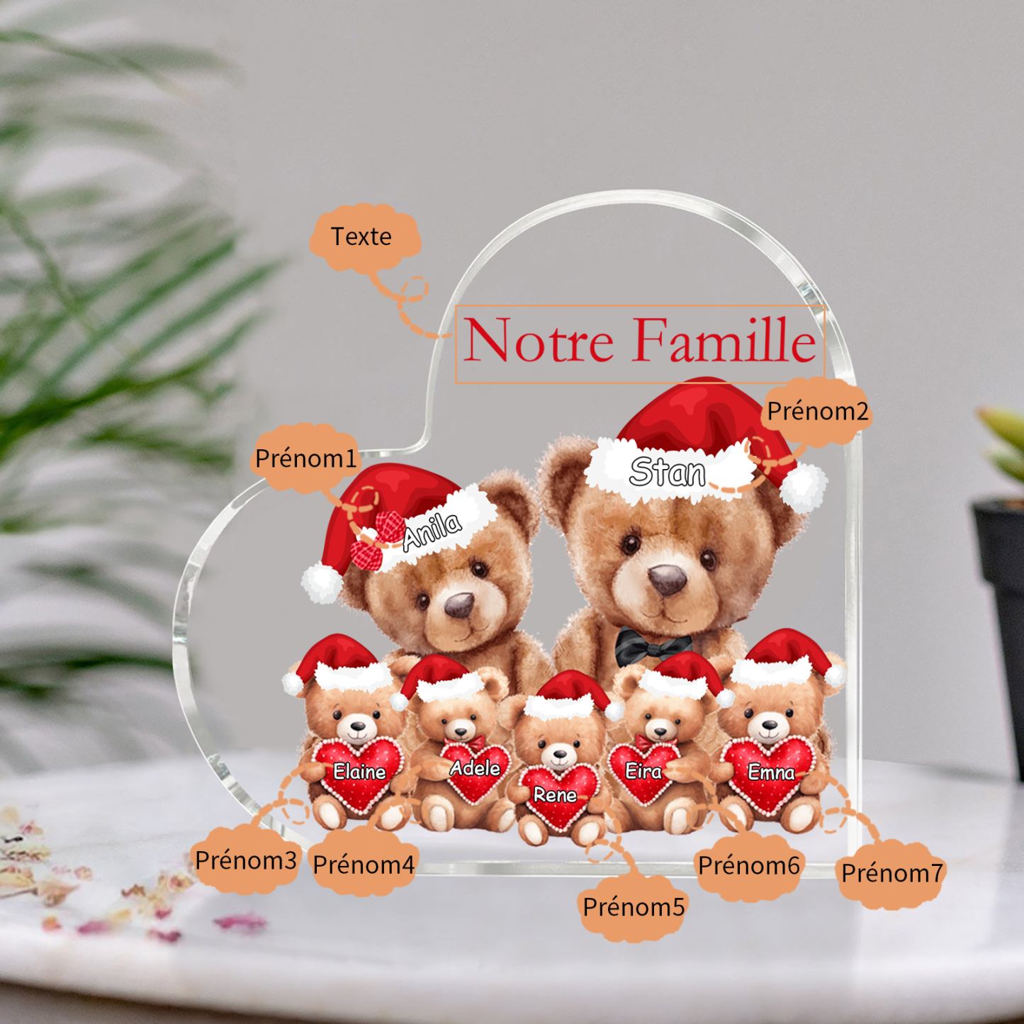 Plaque Acrylique Ours en Forme de Cœur 7 Prénoms Personnalisés Cadeau famille | Jessemade