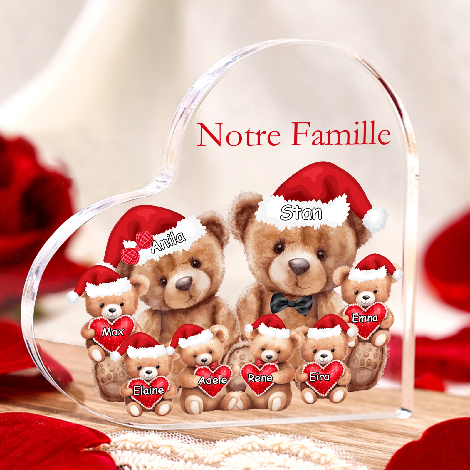 Plaque Acrylique Ours en Forme de Cœur 8 Prénoms Personnalisés Cadeau famille | Jessemade